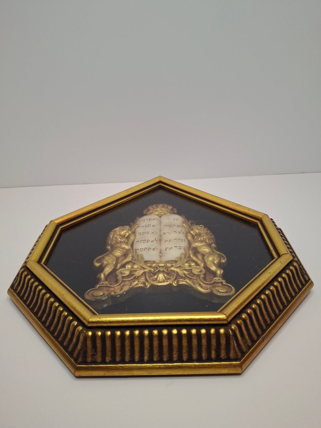 Vintage Mid-Century Judaica Ten Commandments Wall Plaque with Lions of Judah, Crown, Gold Frame & Black Velvet Background