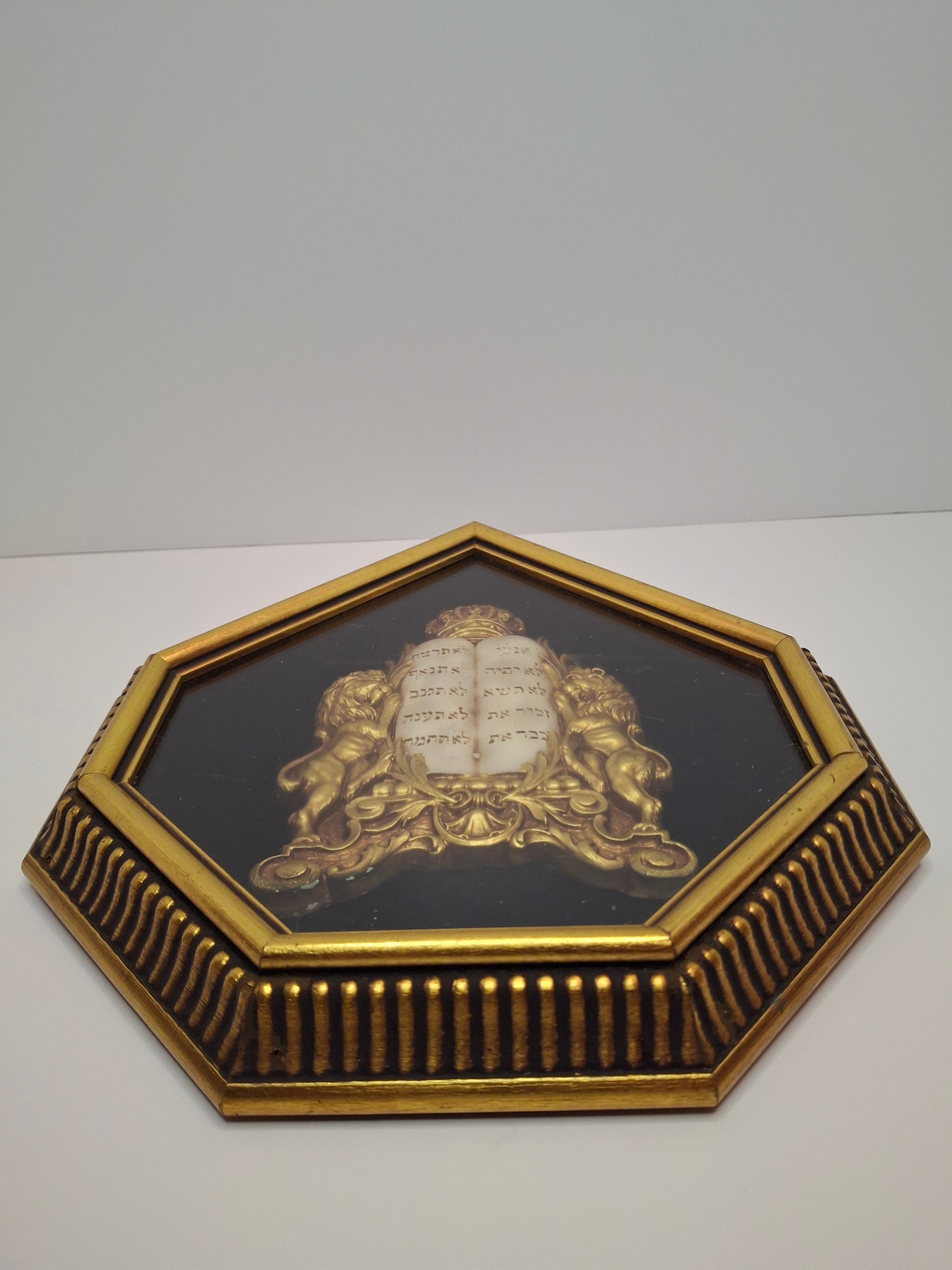 Vintage Mid-Century Judaica Ten Commandments Wall Plaque with Lions of Judah, Crown, Gold Frame & Black Velvet Background