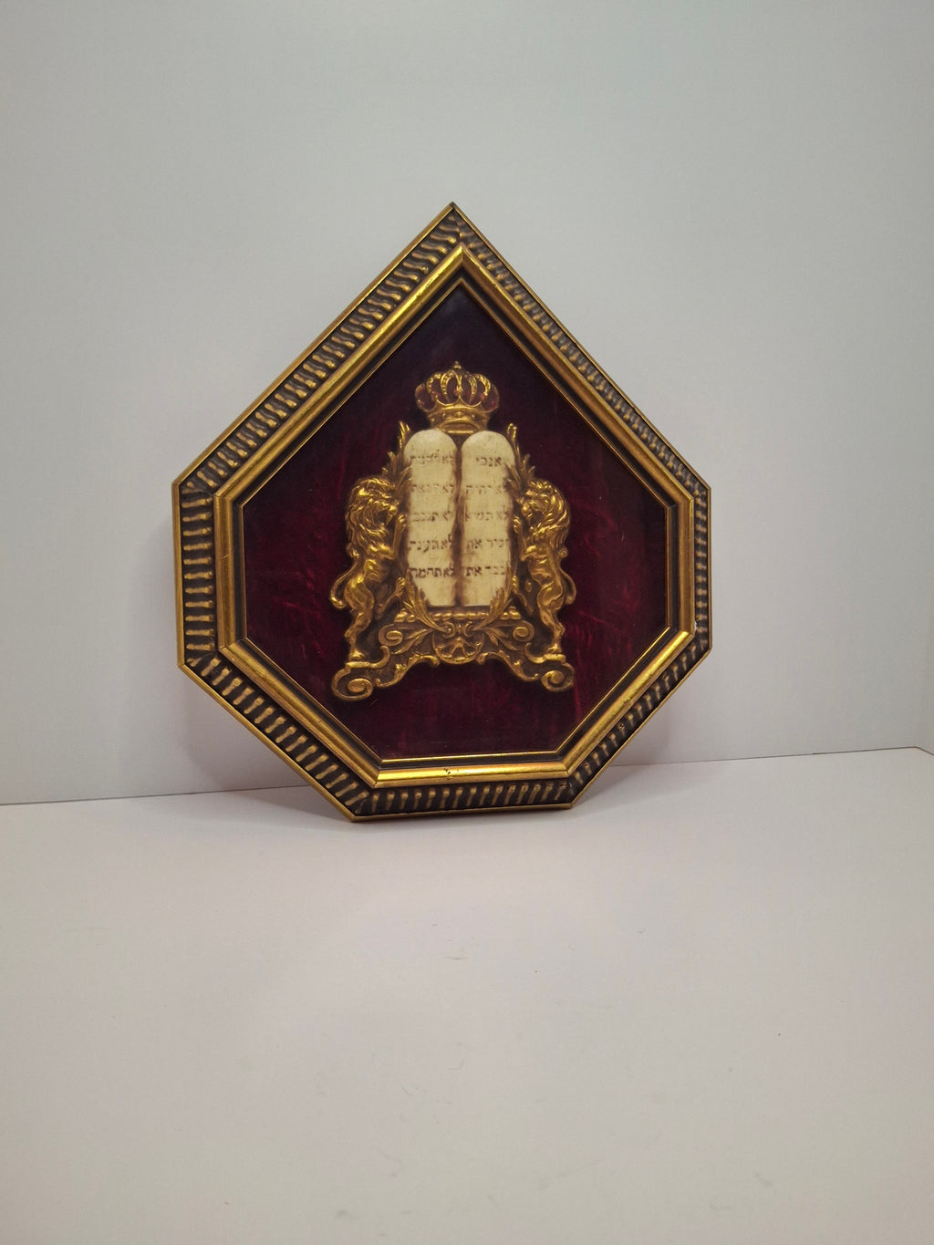 Vintage Mid-Century Judaica Ten Commandments Wall Plaque with Lions of Judah, Crown, Gold Frame & Red Velvet Background