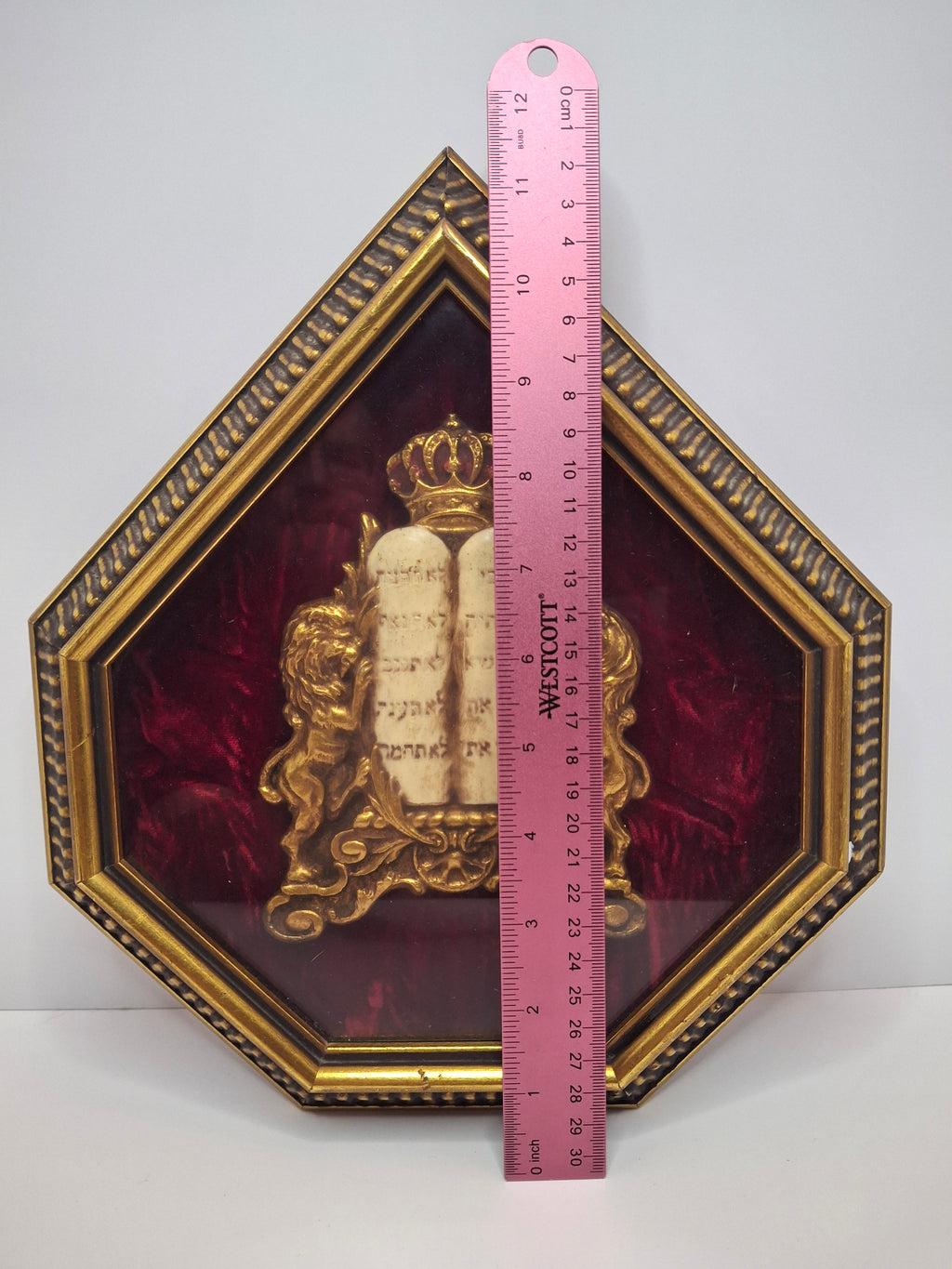Vintage Mid-Century Judaica Ten Commandments Wall Plaque with Lions of Judah, Crown, Gold Frame & Red Velvet Background