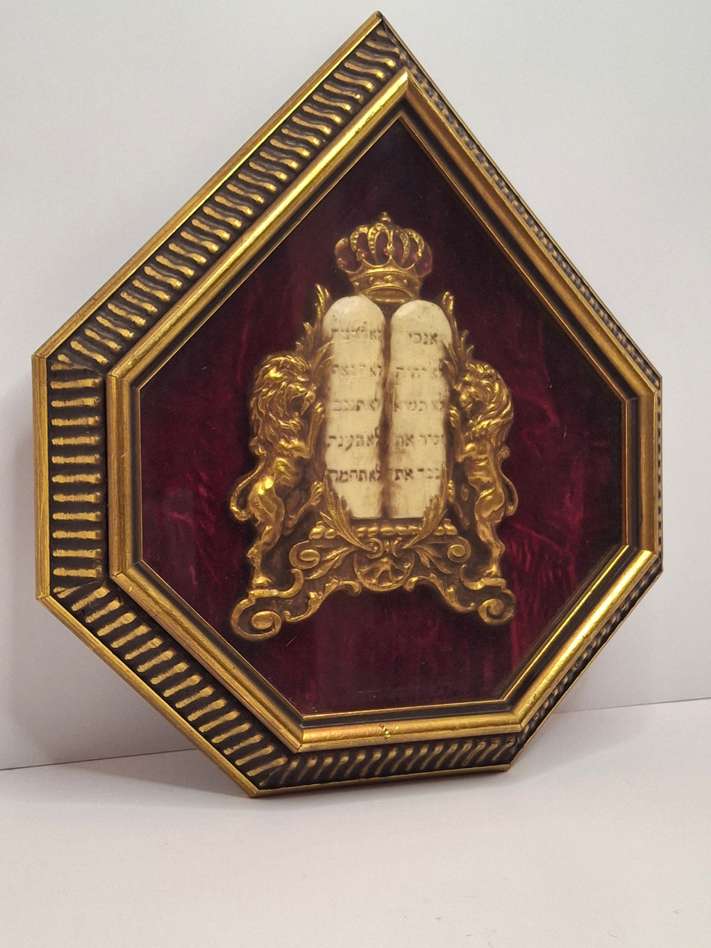 Vintage Mid-Century Judaica Ten Commandments Wall Plaque with Lions of Judah, Crown, Gold Frame & Red Velvet Background