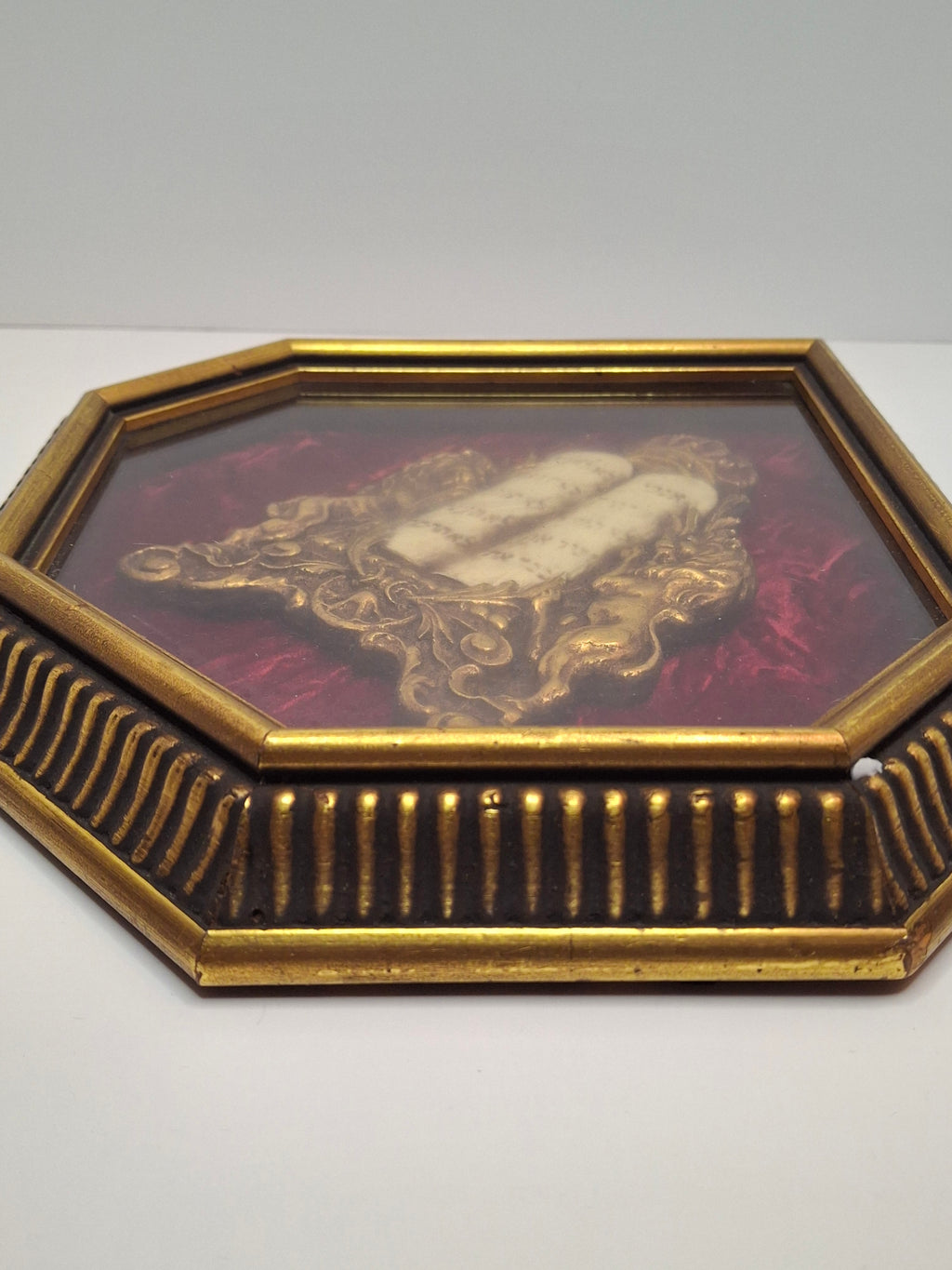 Vintage Mid-Century Judaica Ten Commandments Wall Plaque with Lions of Judah, Crown, Gold Frame & Red Velvet Background