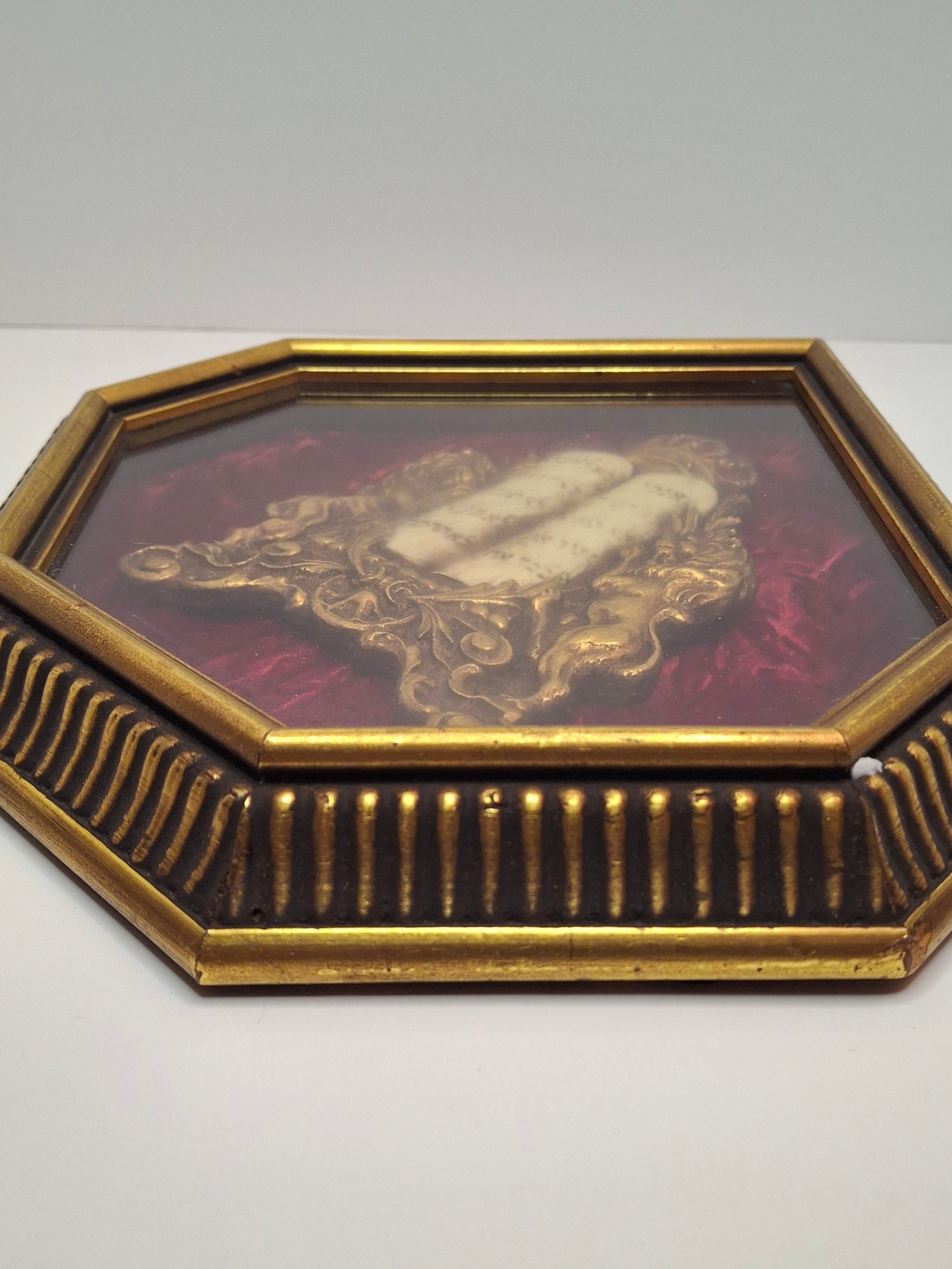 Vintage Mid-Century Judaica Ten Commandments Wall Plaque with Lions of Judah, Crown, Gold Frame & Red Velvet Background