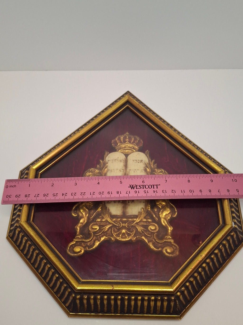 Vintage Mid-Century Judaica Ten Commandments Wall Plaque with Lions of Judah, Crown, Gold Frame & Red Velvet Background
