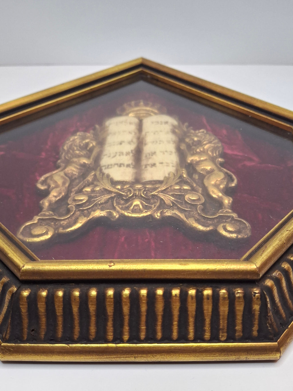 Vintage Mid-Century Judaica Ten Commandments Wall Plaque with Lions of Judah, Crown, Gold Frame & Red Velvet Background
