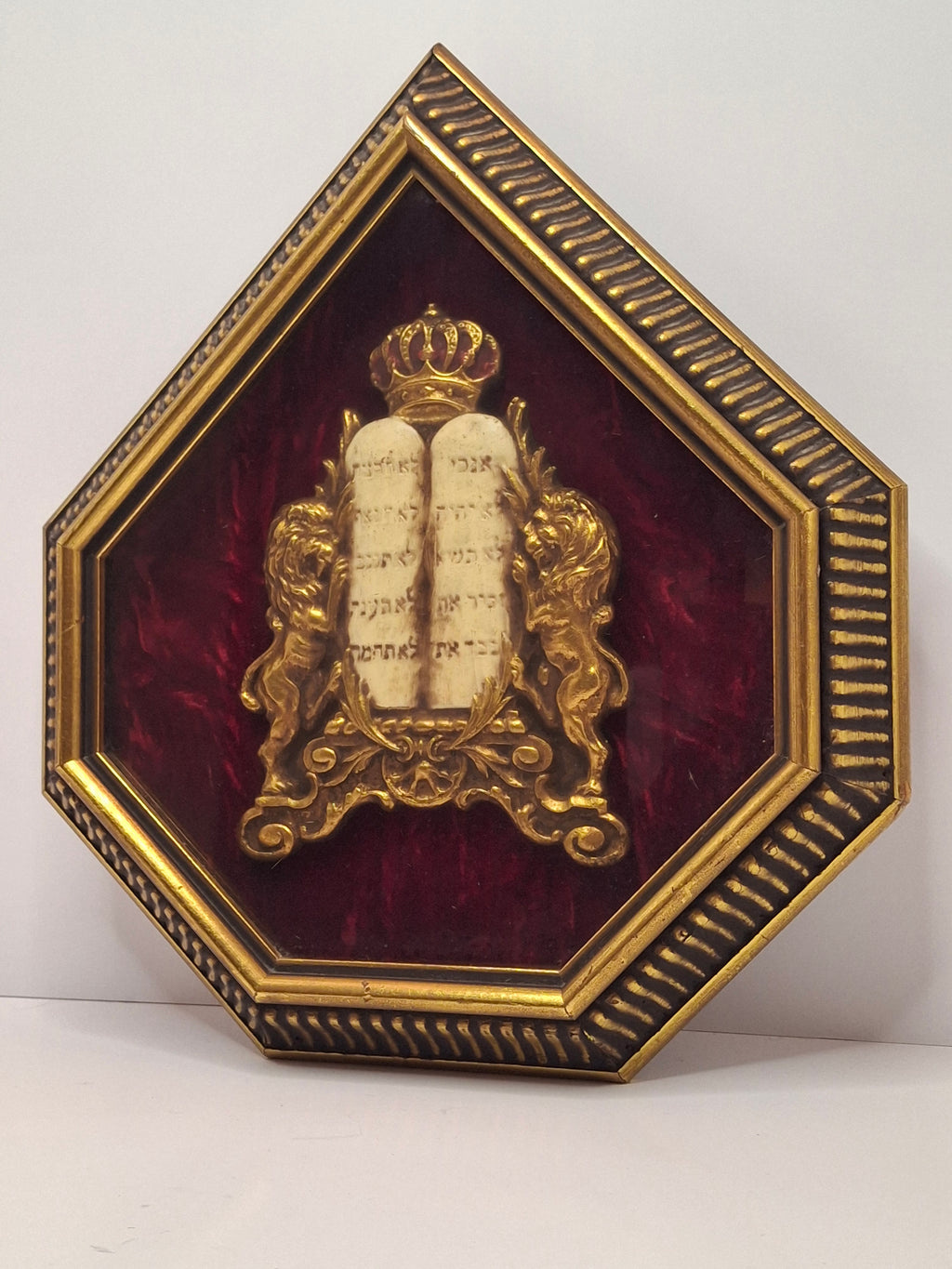 Vintage Mid-Century Judaica Ten Commandments Wall Plaque with Lions of Judah, Crown, Gold Frame & Red Velvet Background