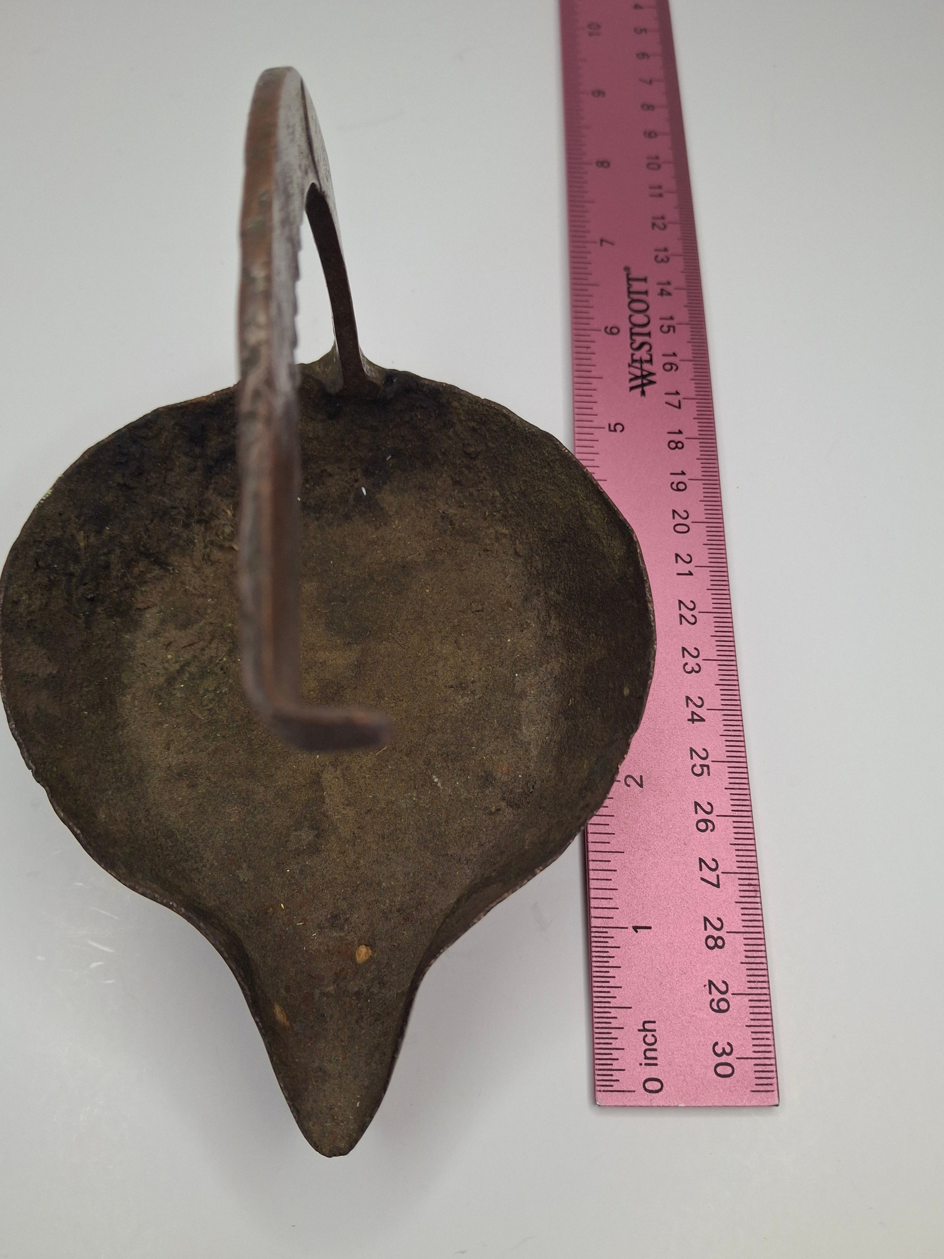 Antique 18th C. Rare Wrought Thick Copper Alloy Betty Fat Lamp