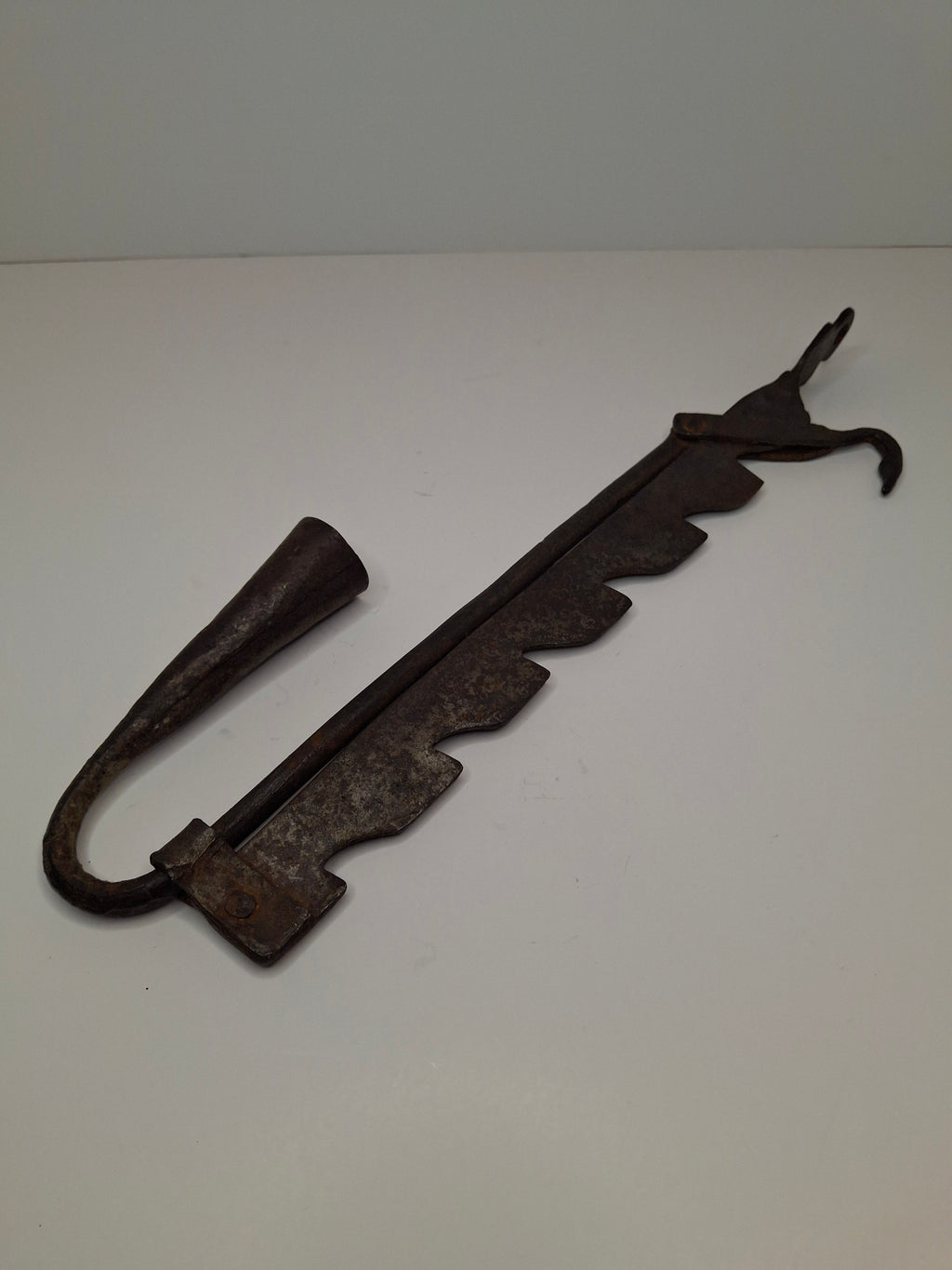 Antique 18th Century Wrought Iron Cone-Shaped Candle Holder on Adjustable Sawtooth Trammel - Primitive Lighting Artifact