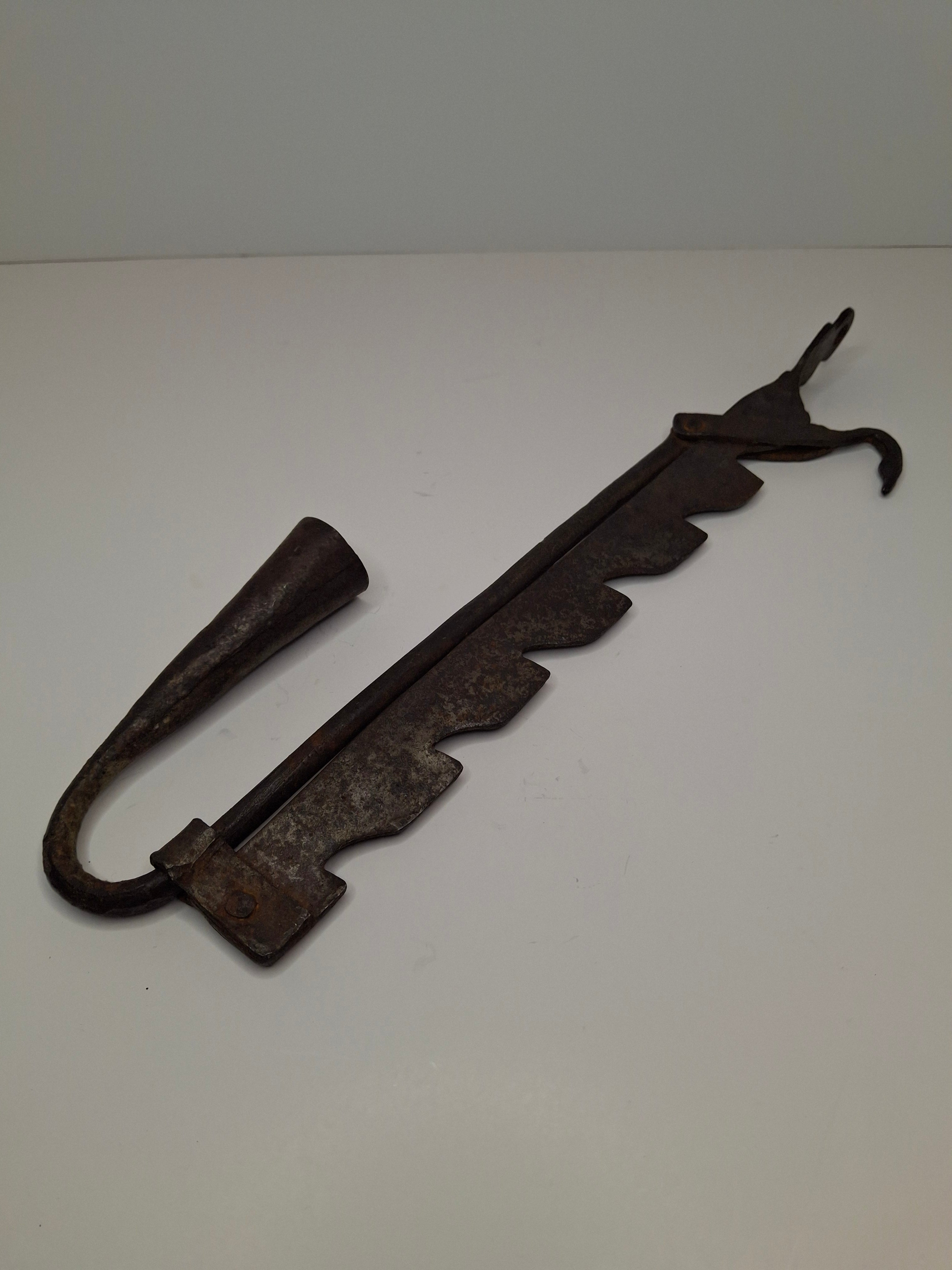 Antique 18th Century Wrought Iron Cone-Shaped Candle Holder on Adjustable Sawtooth Trammel - Primitive Lighting Artifact