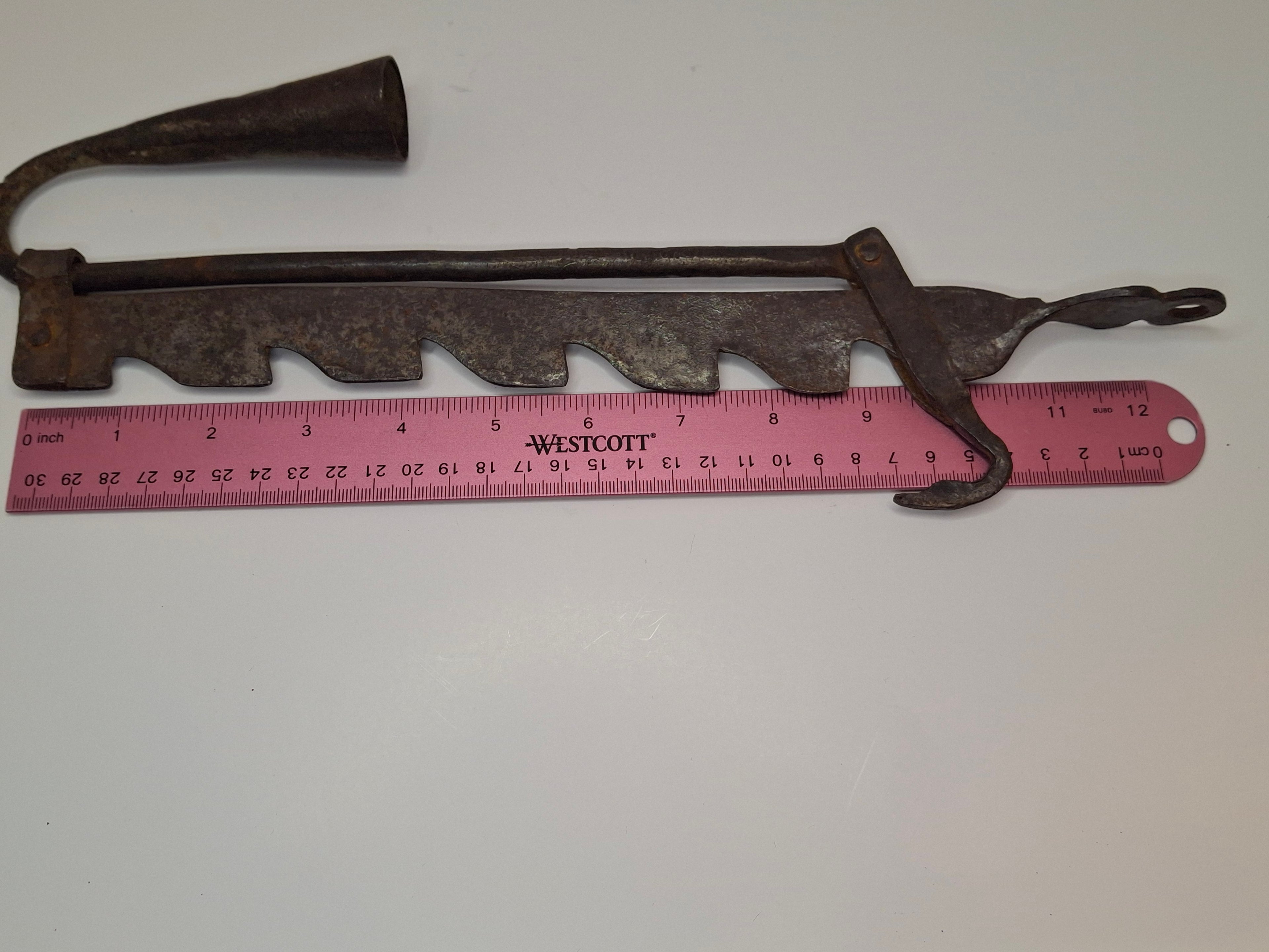 Antique 18th Century Wrought Iron Cone-Shaped Candle Holder on Adjustable Sawtooth Trammel - Primitive Lighting Artifact