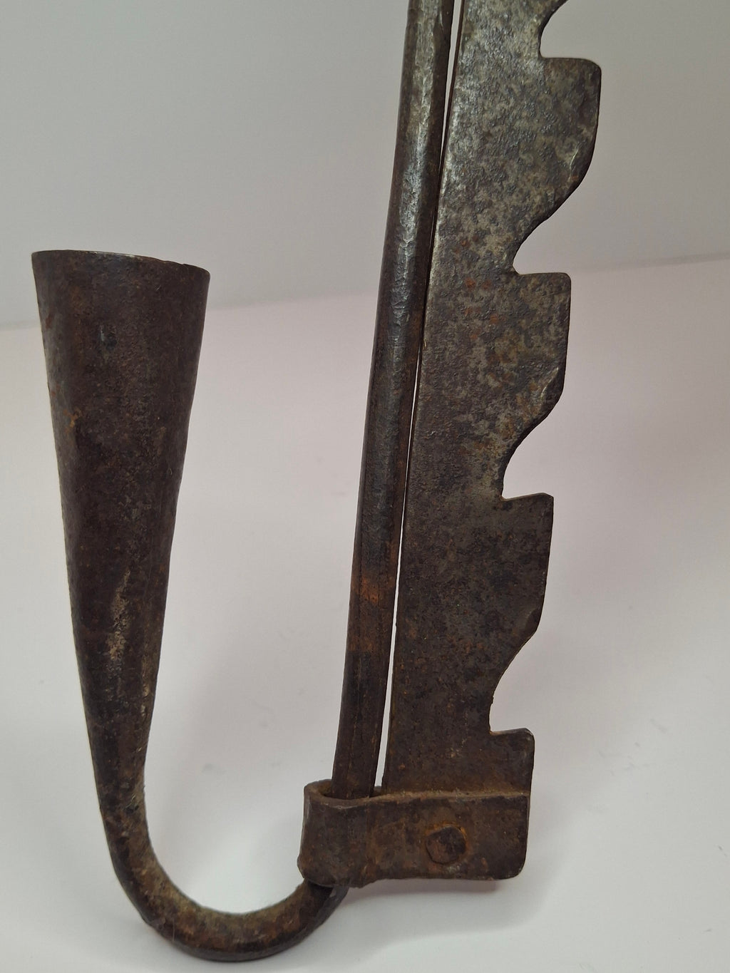 Antique 18th Century Wrought Iron Cone-Shaped Candle Holder on Adjustable Sawtooth Trammel - Primitive Lighting Artifact