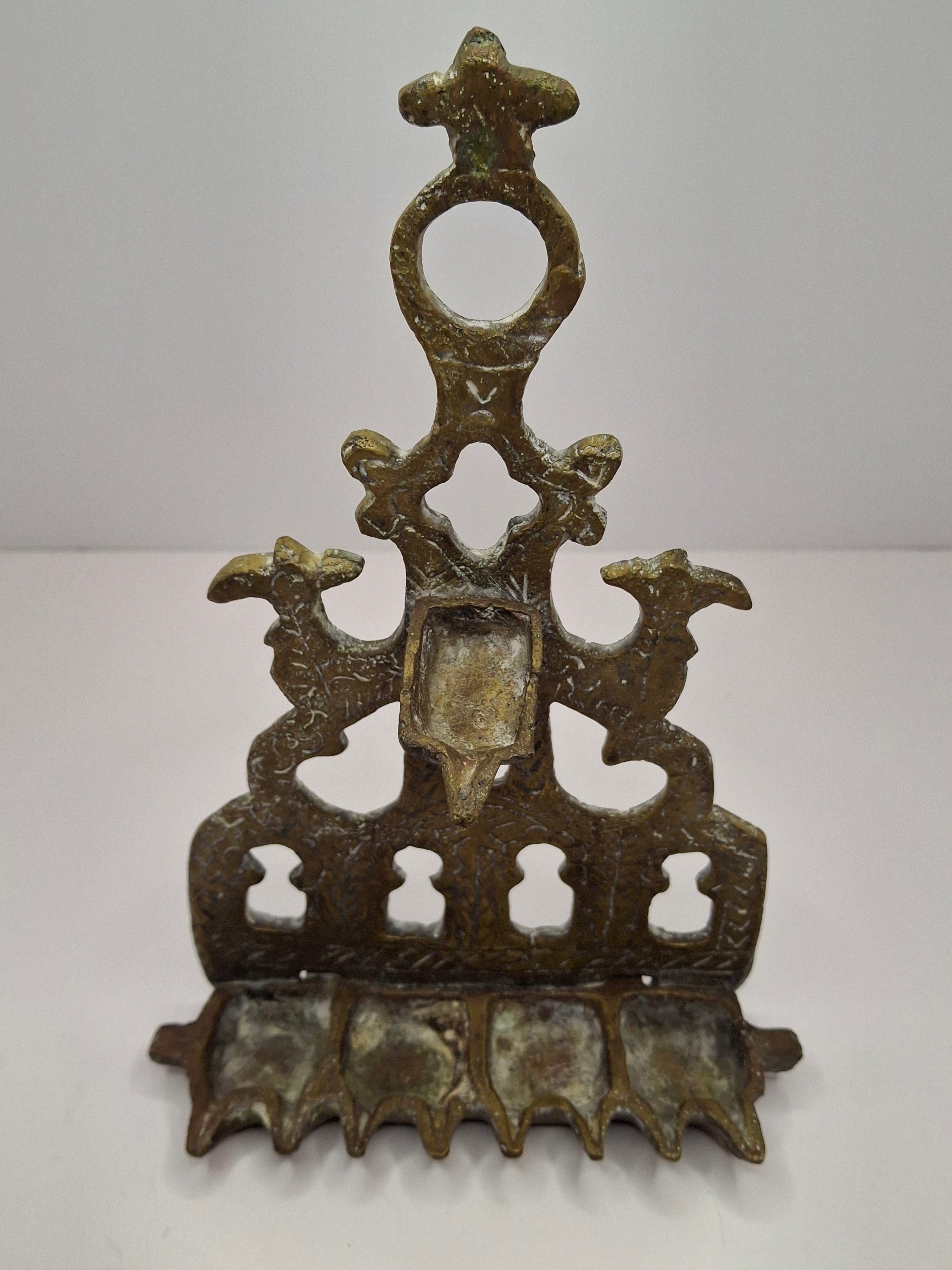 Antique North African Brass Hanukkah Menorah Oil Lamp Chanukiah with Unique Doubled Oil Trays - 8" Judaica