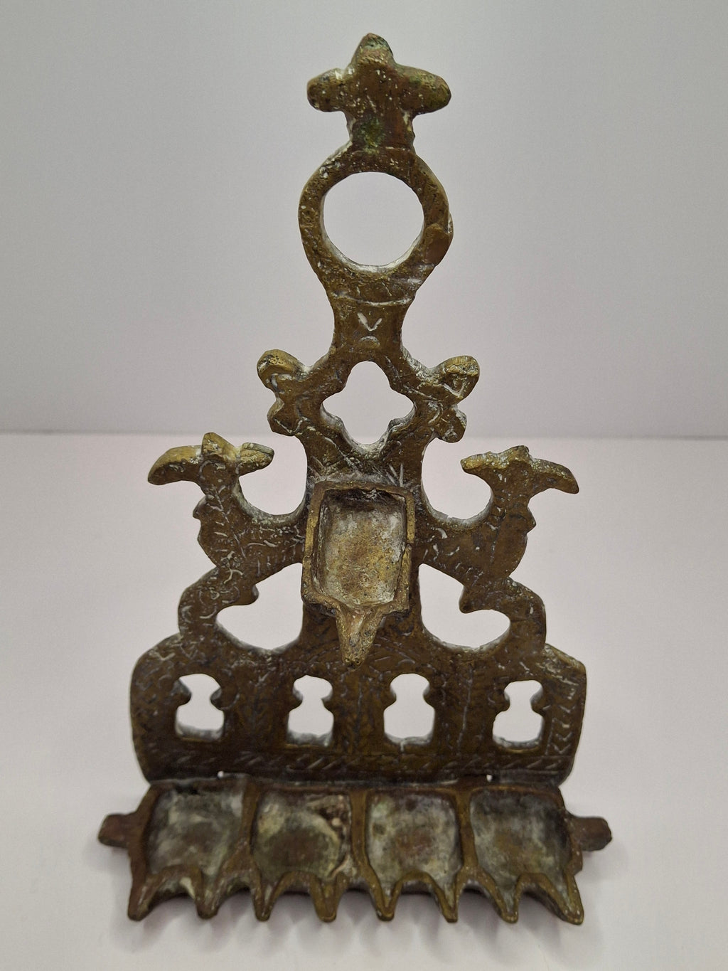 Antique North African Brass Hanukkah Menorah Oil Lamp Chanukiah with Unique Doubled Oil Trays - 8" Judaica