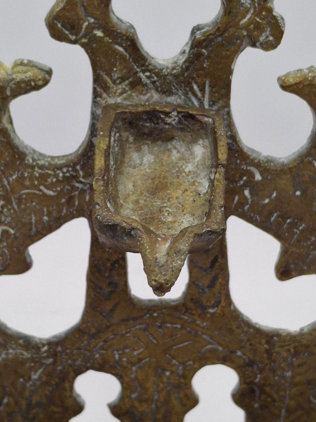 Antique North African Brass Hanukkah Menorah Oil Lamp Chanukiah with Unique Doubled Oil Trays - 8" Judaica