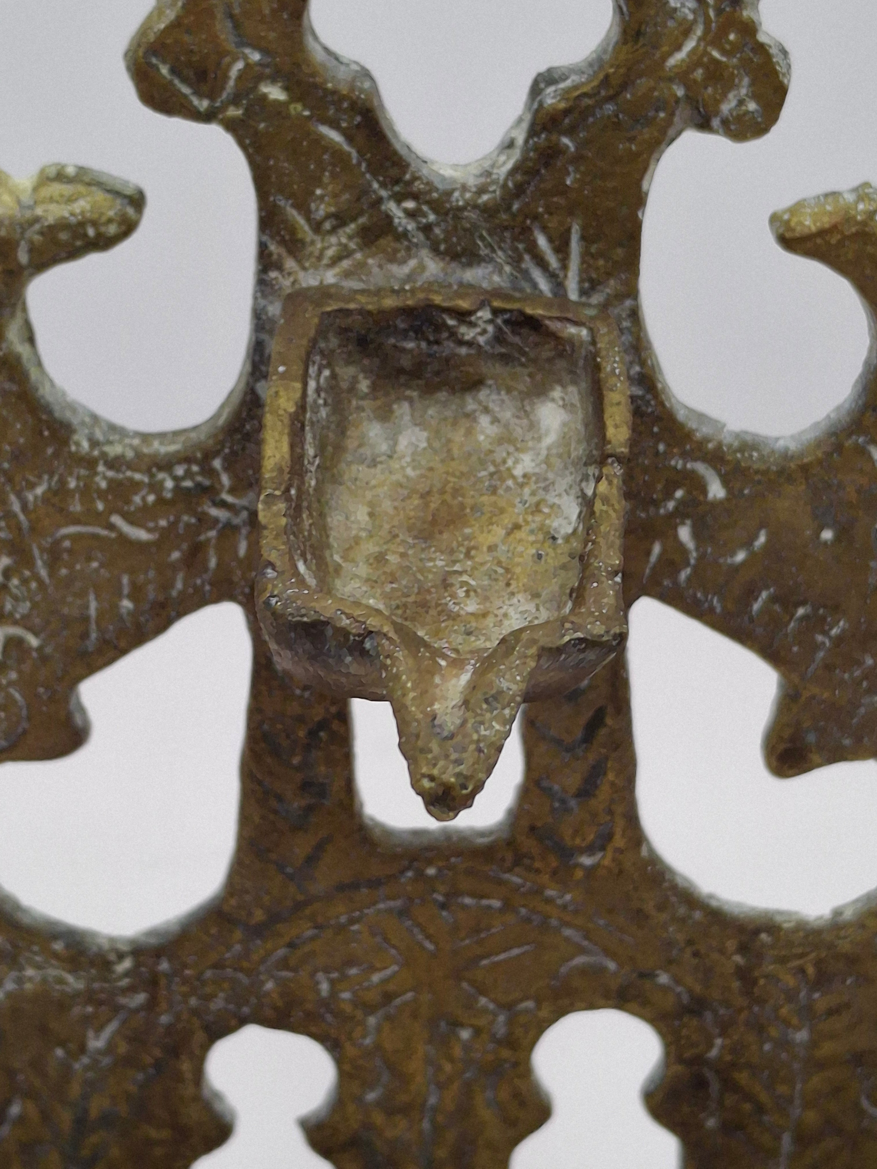 Antique North African Brass Hanukkah Menorah Oil Lamp Chanukiah with Unique Doubled Oil Trays - 8" Judaica