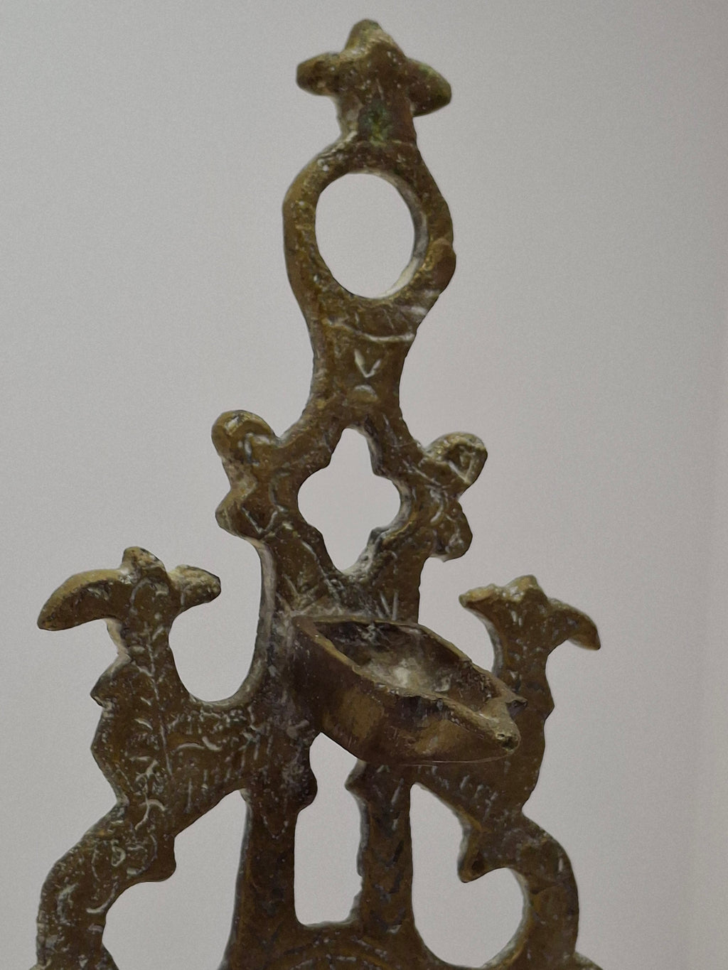 Antique North African Brass Hanukkah Menorah Oil Lamp Chanukiah with Unique Doubled Oil Trays - 8" Judaica