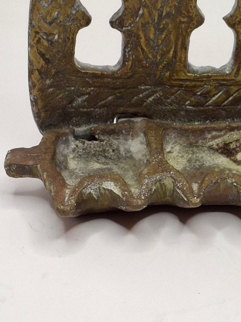 Antique North African Brass Hanukkah Menorah Oil Lamp Chanukiah with Unique Doubled Oil Trays - 8" Judaica