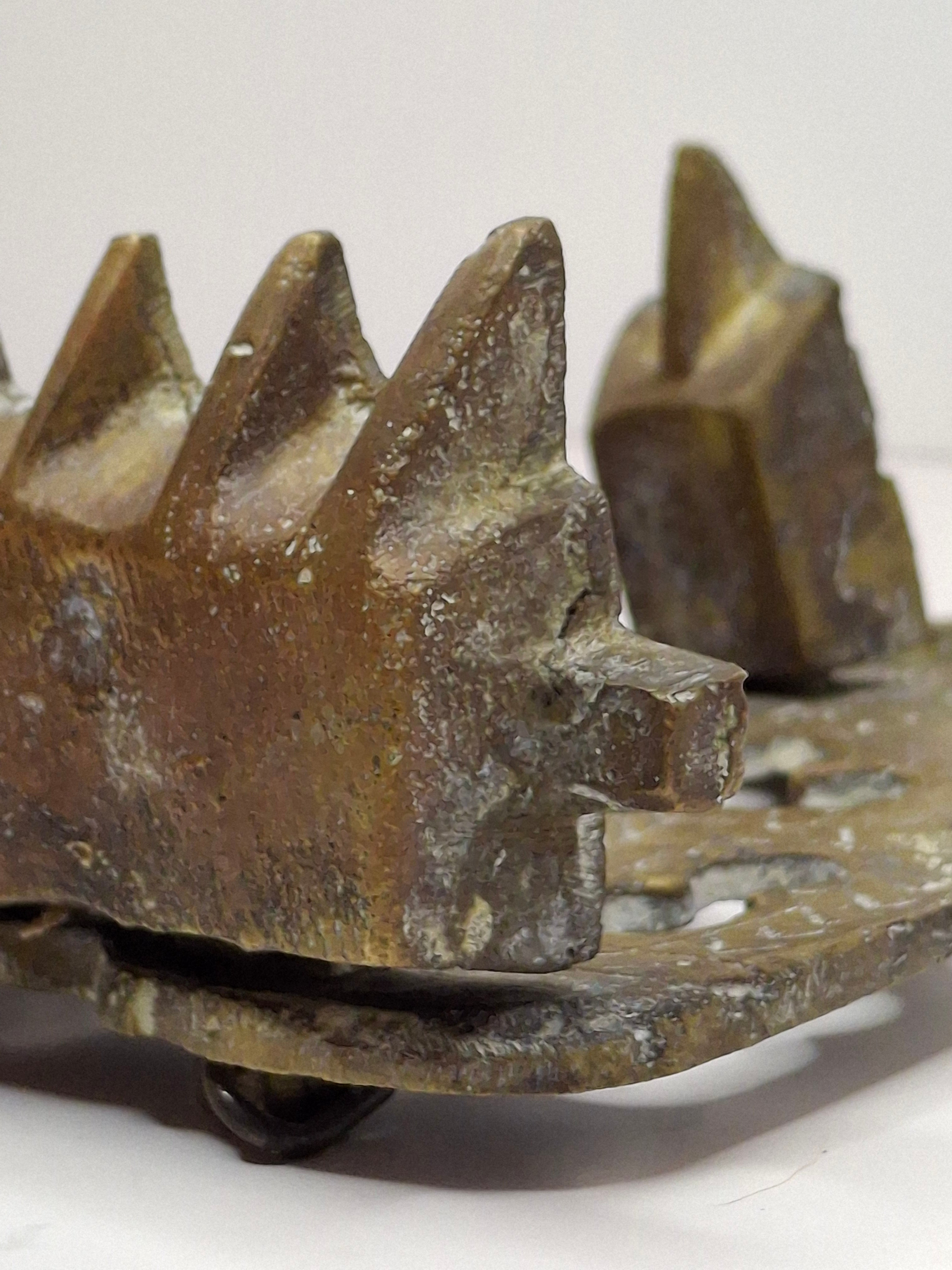 Antique North African Brass Hanukkah Menorah Oil Lamp Chanukiah with Unique Doubled Oil Trays - 8" Judaica