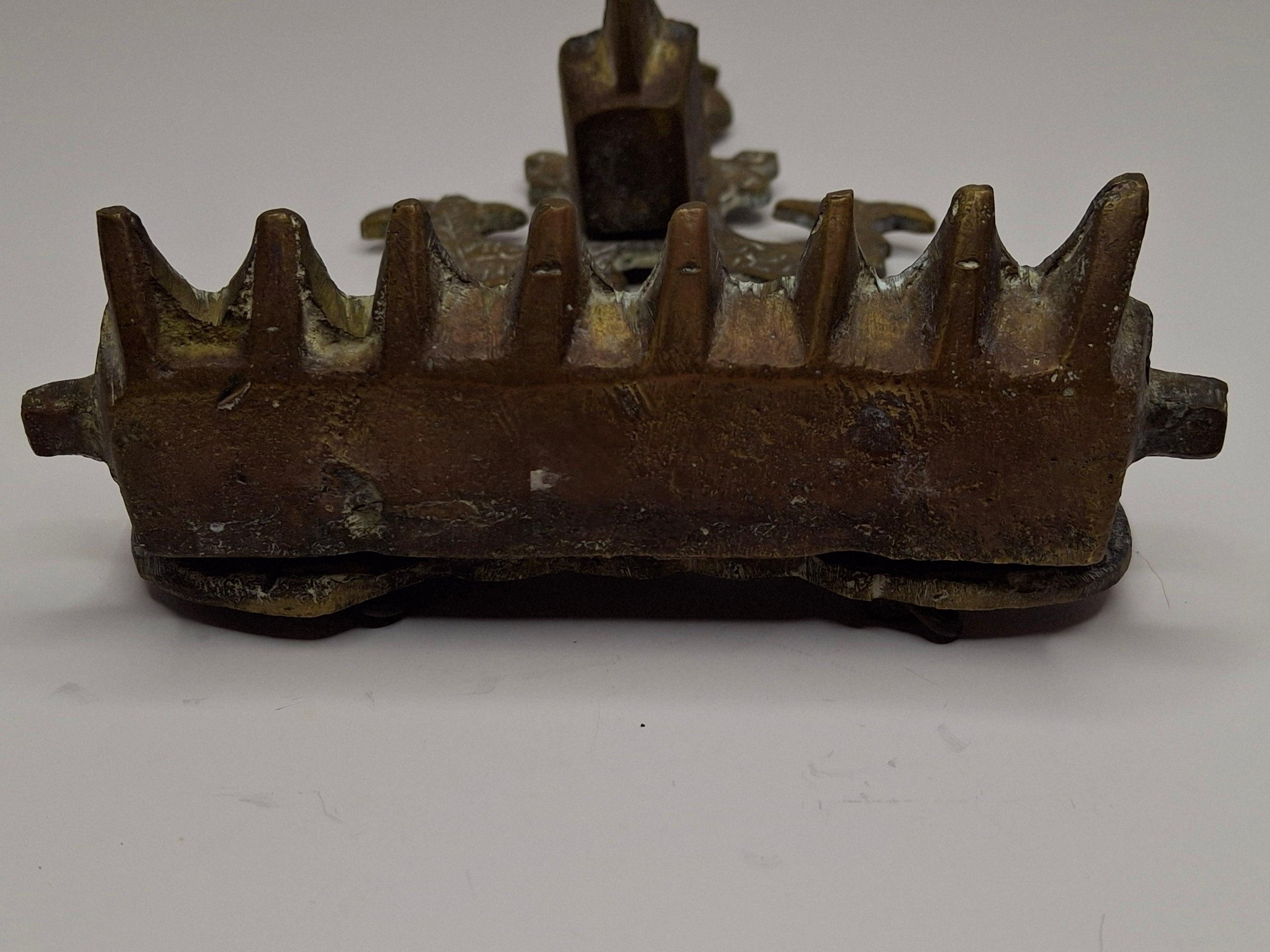 Antique North African Brass Hanukkah Menorah Oil Lamp Chanukiah with Unique Doubled Oil Trays - 8" Judaica