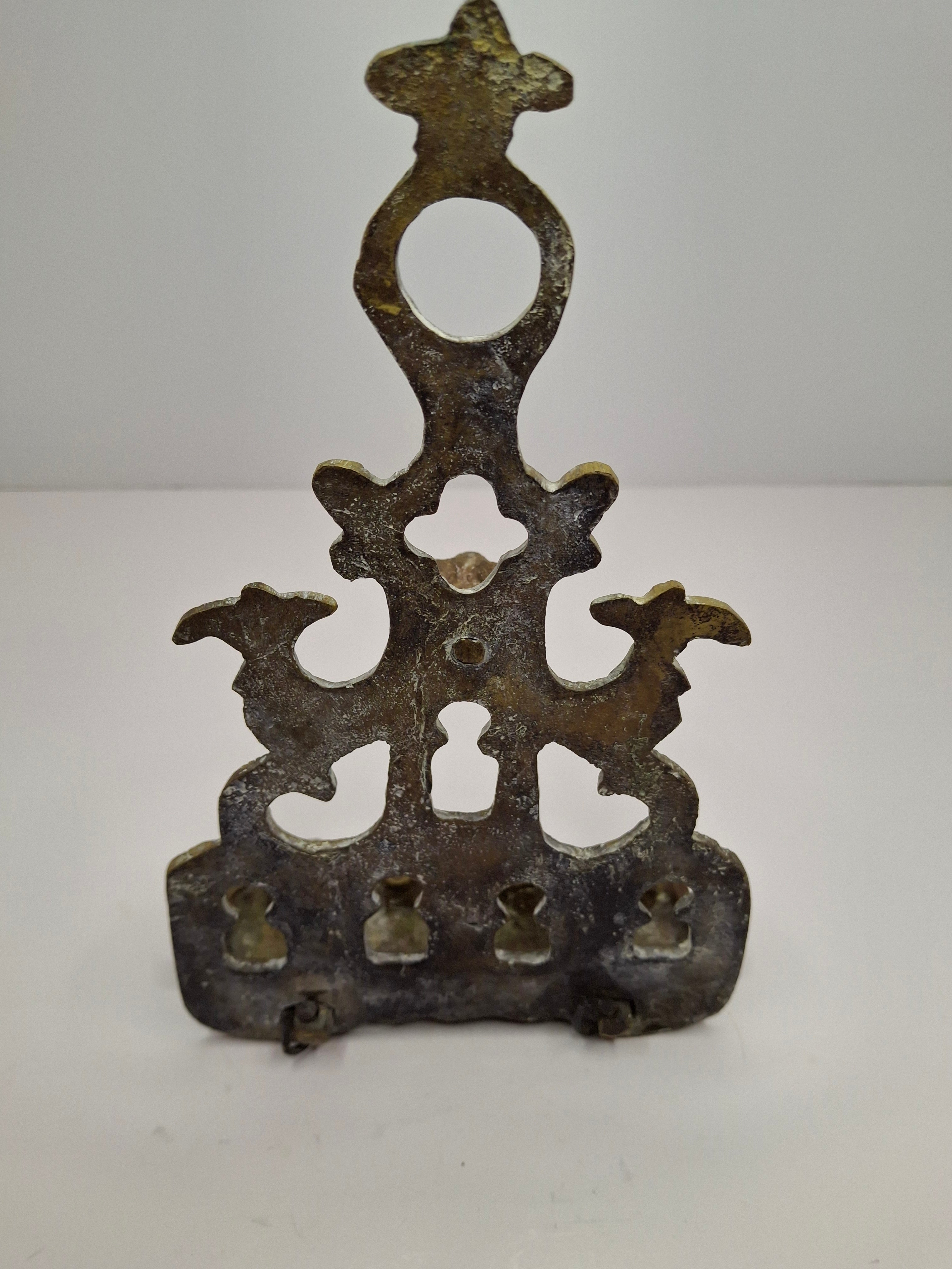 Antique North African Brass Hanukkah Menorah Oil Lamp Chanukiah with Unique Doubled Oil Trays - 8" Judaica