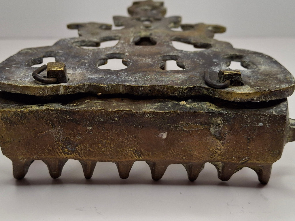 Antique North African Brass Hanukkah Menorah Oil Lamp Chanukiah with Unique Doubled Oil Trays - 8" Judaica