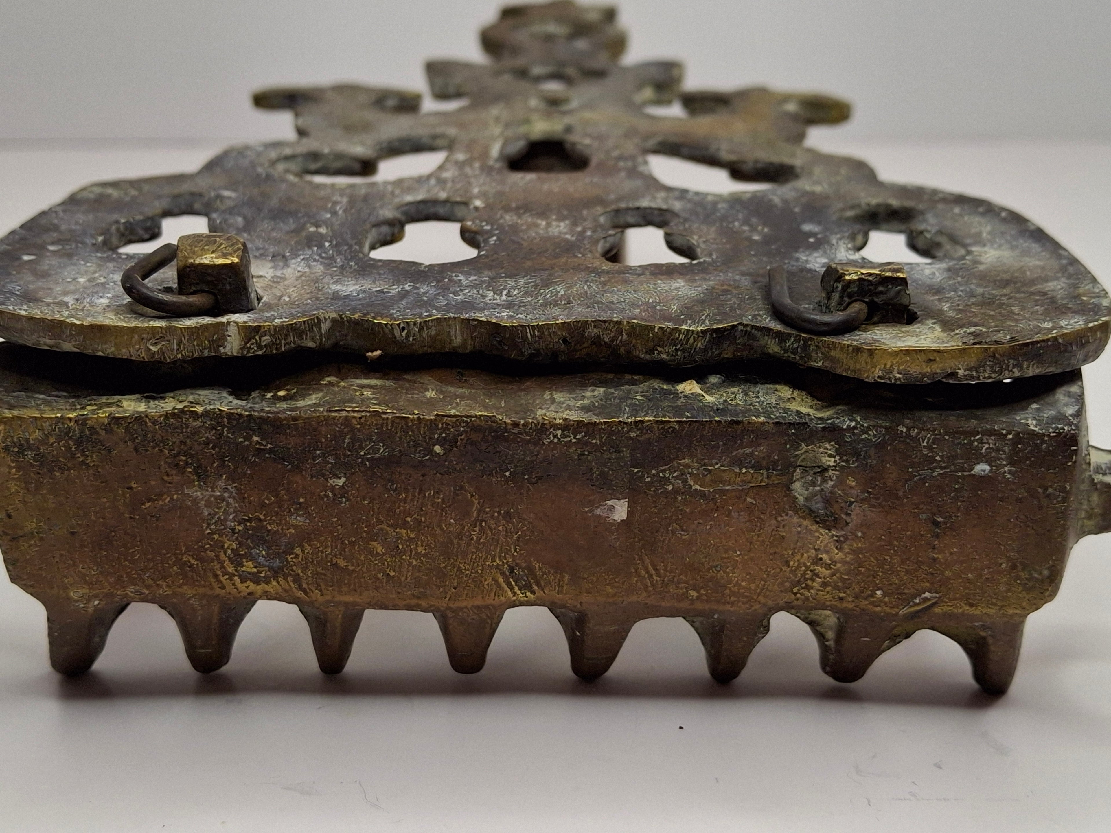 Antique North African Brass Hanukkah Menorah Oil Lamp Chanukiah with Unique Doubled Oil Trays - 8" Judaica