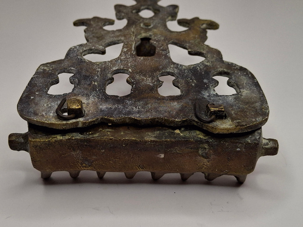 Antique North African Brass Hanukkah Menorah Oil Lamp Chanukiah with Unique Doubled Oil Trays - 8" Judaica