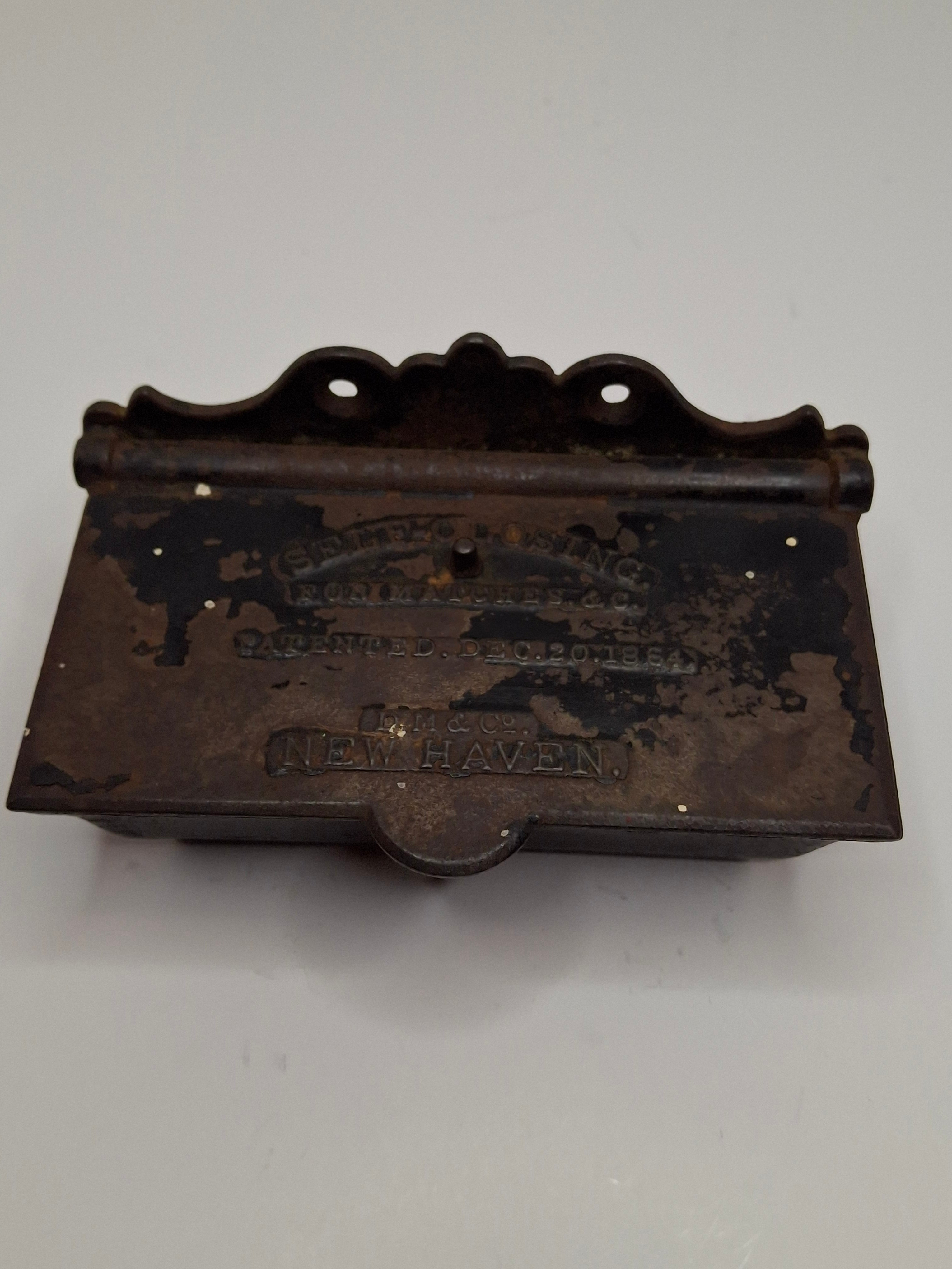 Antique Cast Iron Self-Closing Match Safe Holder Patented Dec 20 1864 D.M. & Co