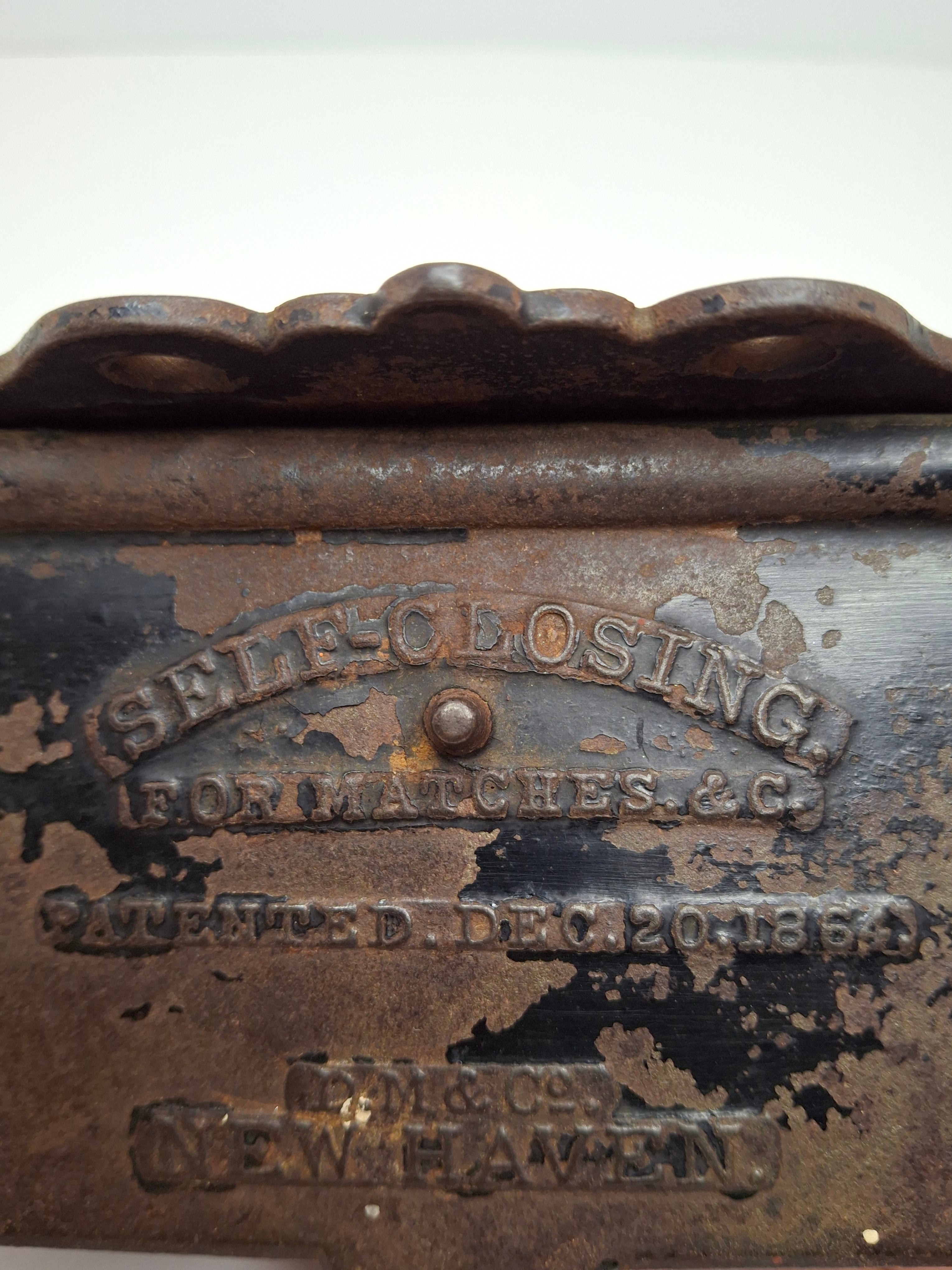 Antique Cast Iron Self-Closing Match Safe Holder Patented Dec 20 1864 D.M. & Co