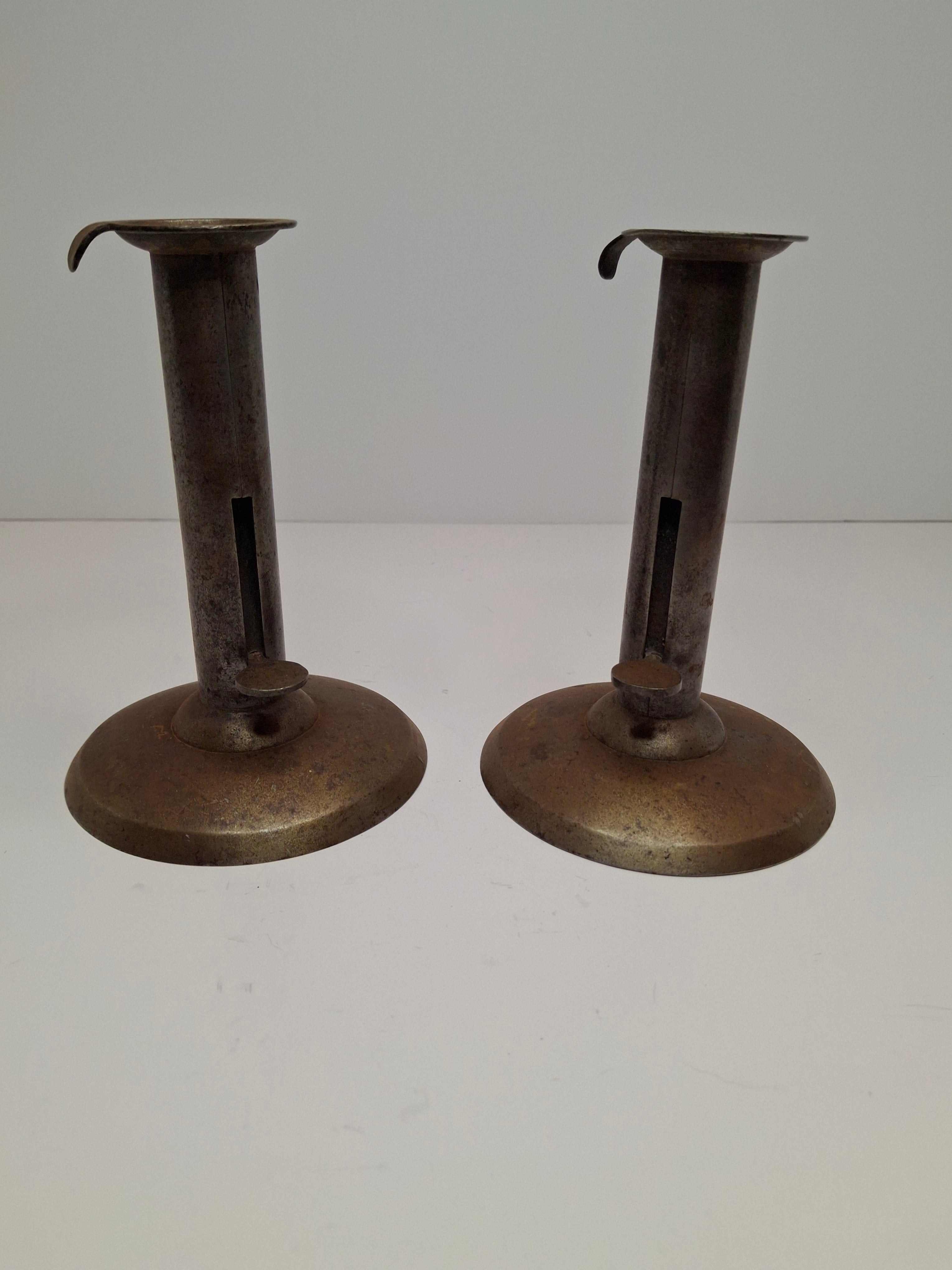 Pair Antique 19th C. Primitive Iron Hog Scraper Adjustable Push-Up Candle Holder