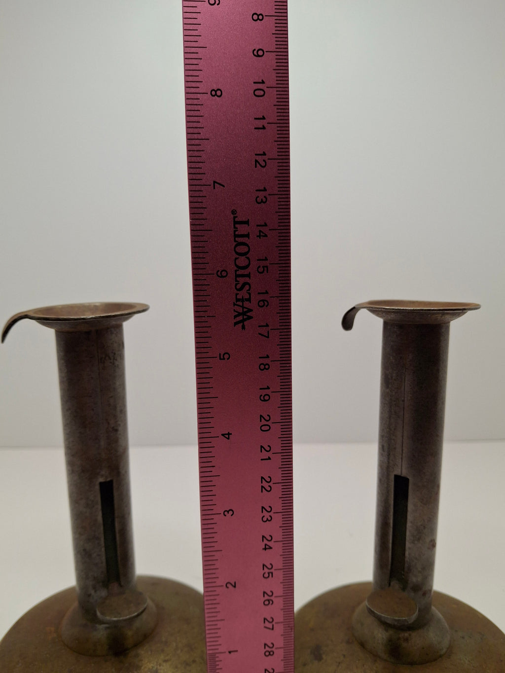 Pair Antique 19th C. Primitive Iron Hog Scraper Adjustable Push-Up Candle Holder