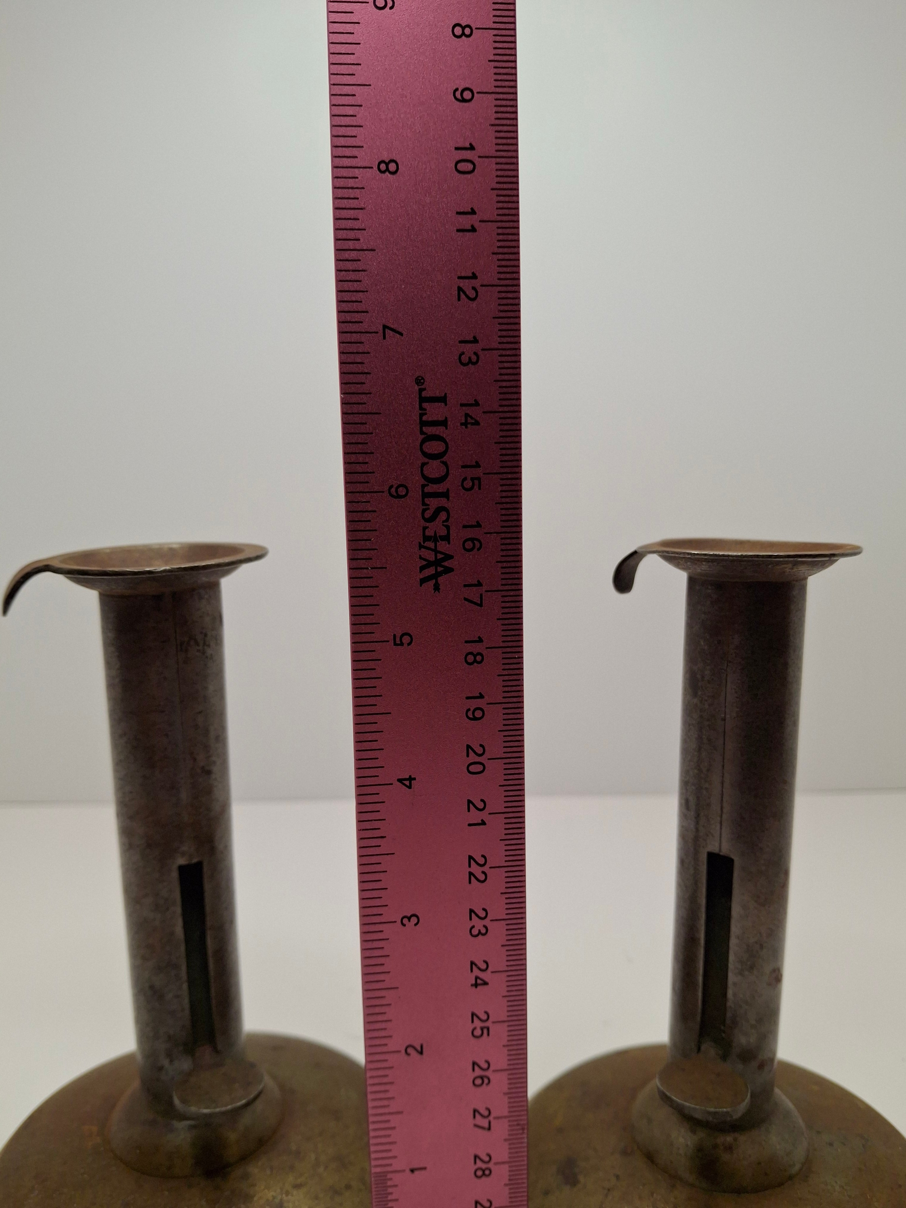 Pair Antique 19th C. Primitive Iron Hog Scraper Adjustable Push-Up Candle Holder