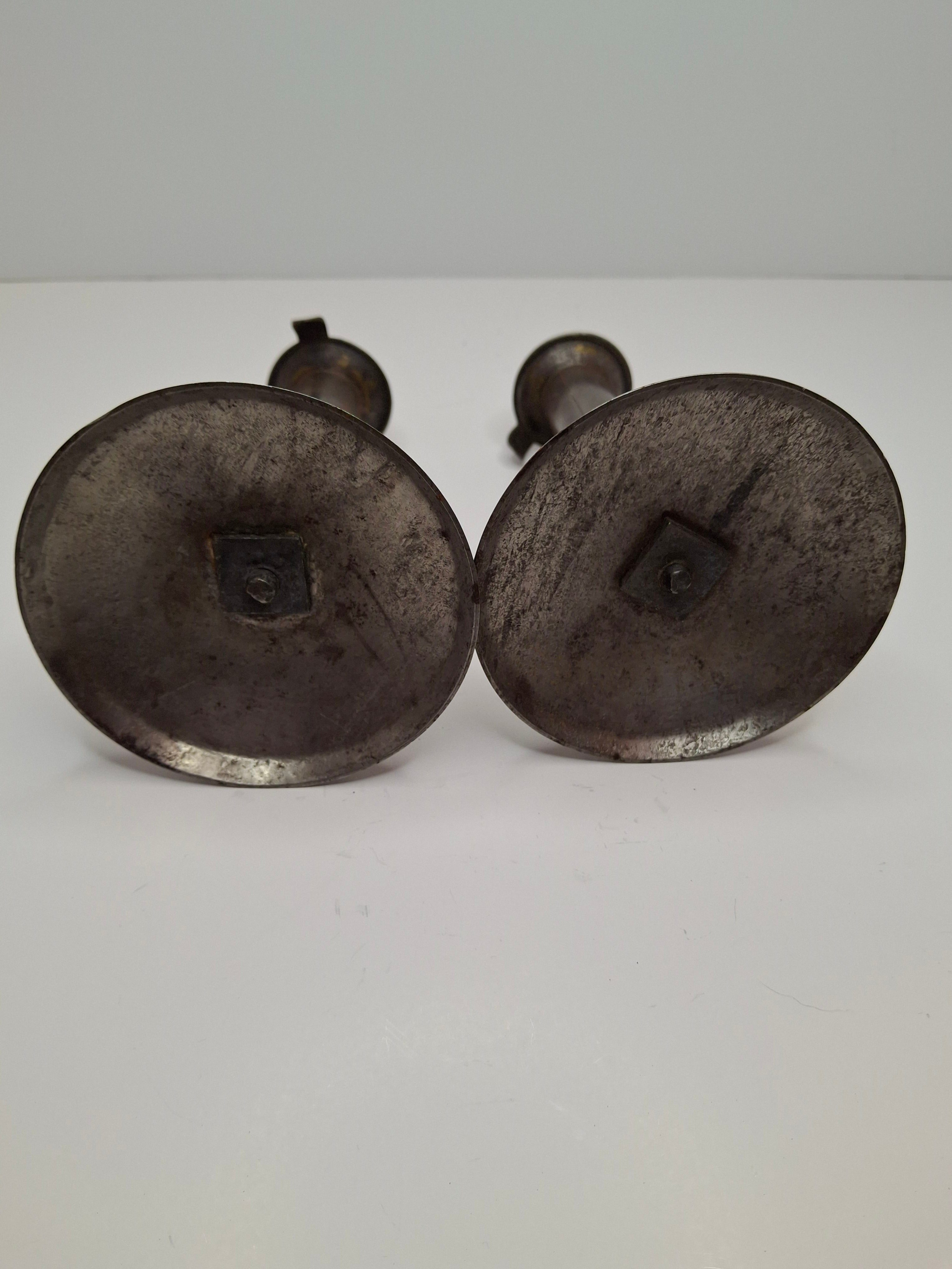 Pair Antique 19th C. Primitive Iron Hog Scraper Adjustable Push-Up Candle Holder