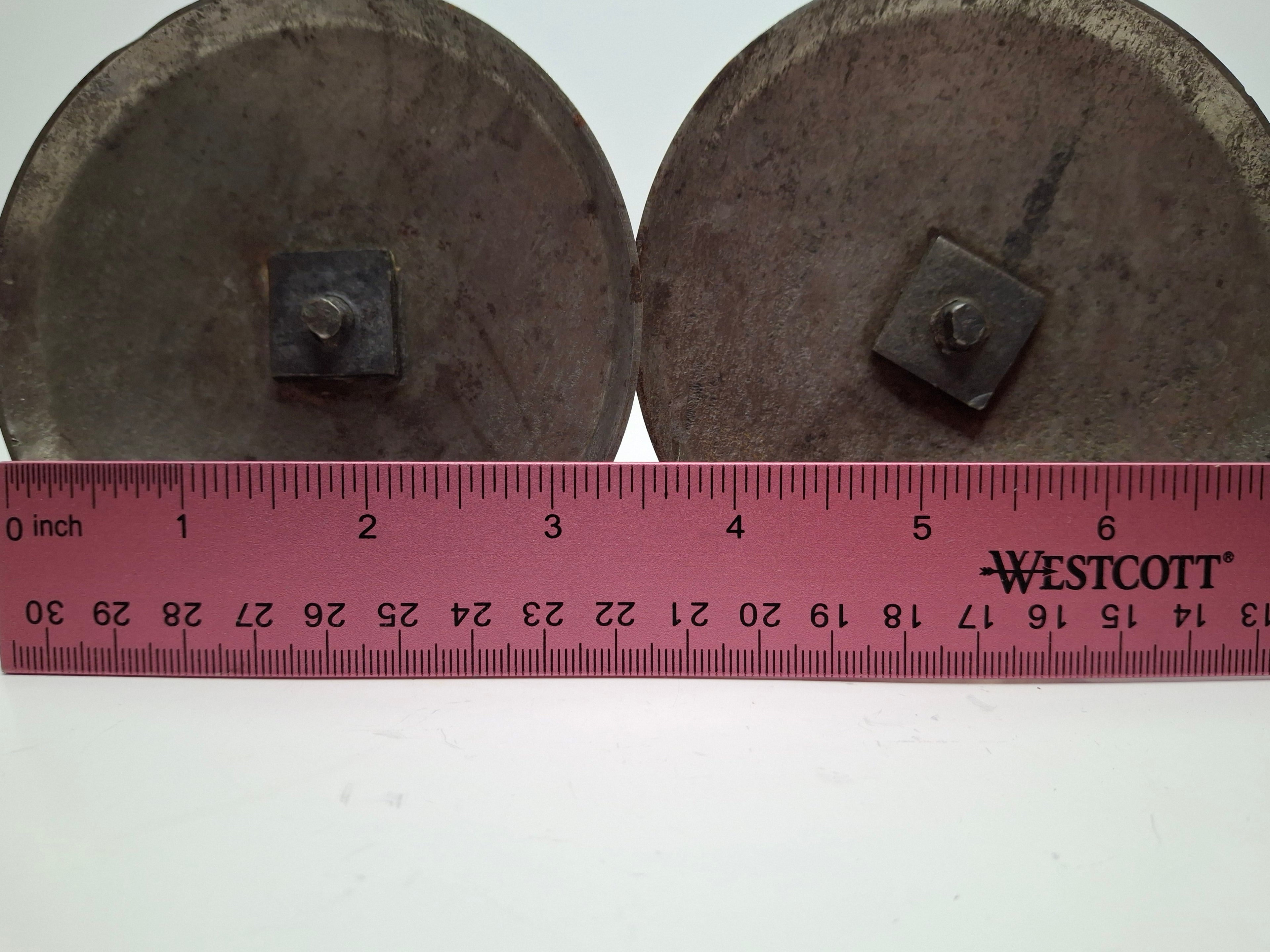 Pair Antique 19th C. Primitive Iron Hog Scraper Adjustable Push-Up Candle Holder