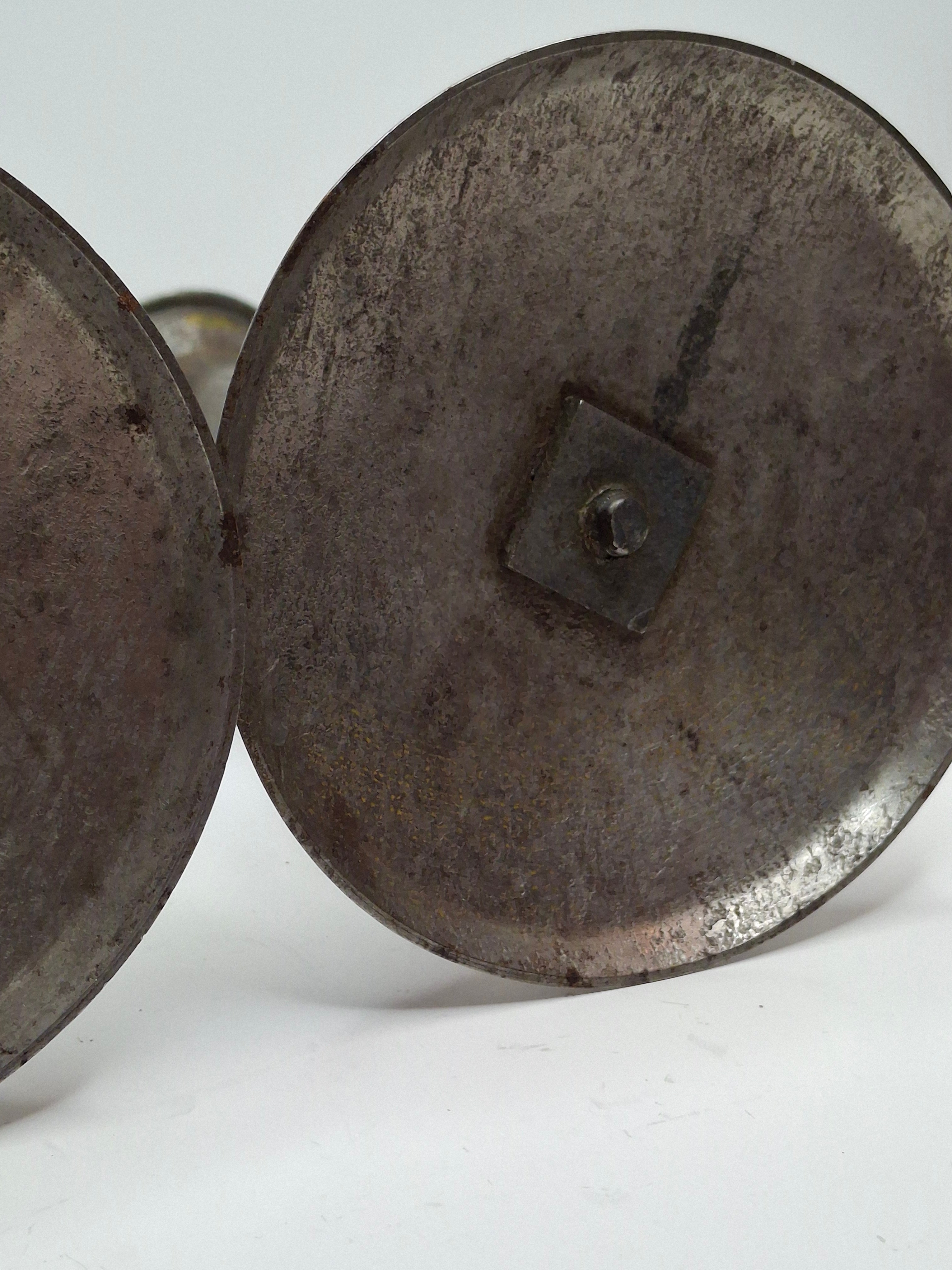 Pair Antique 19th C. Primitive Iron Hog Scraper Adjustable Push-Up Candle Holder