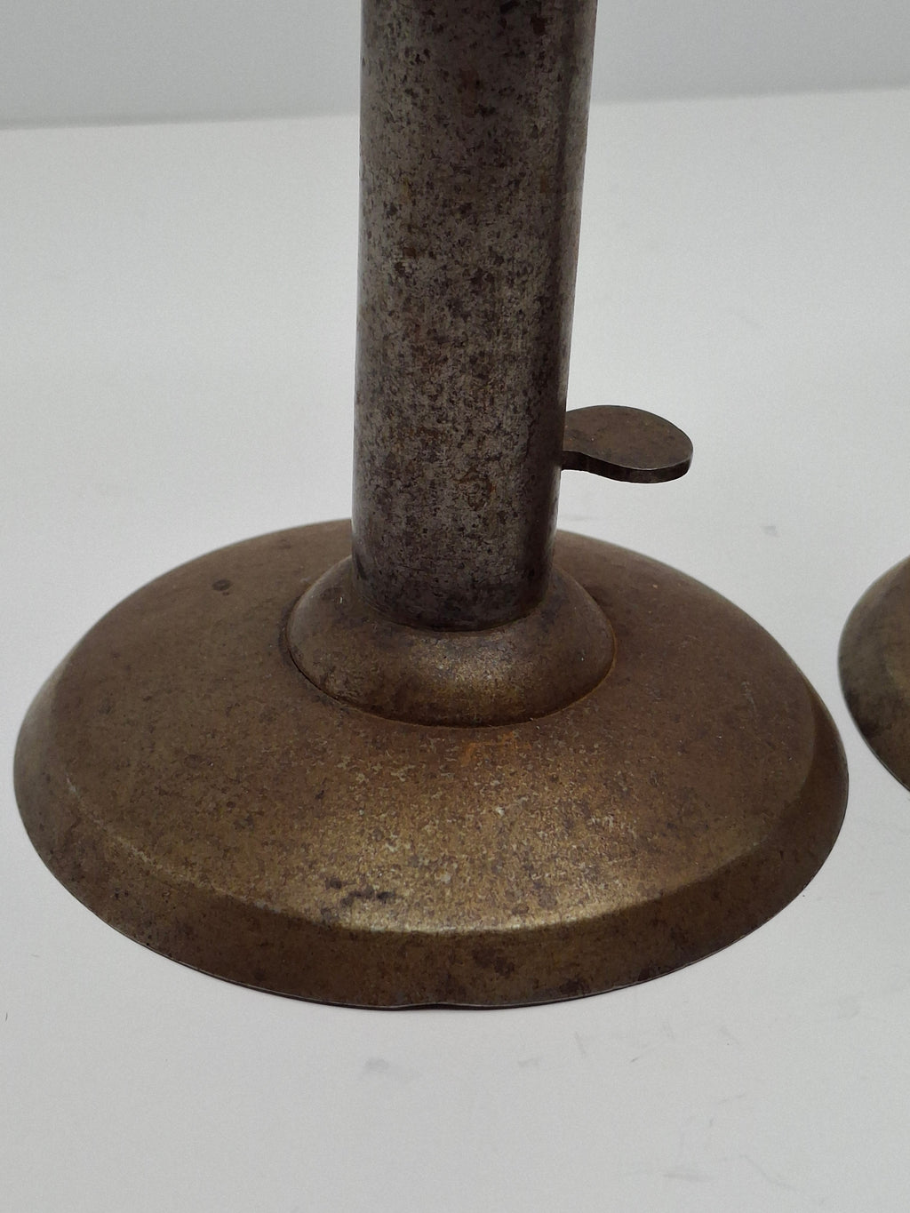 Pair Antique 19th C. Primitive Iron Hog Scraper Adjustable Push-Up Candle Holder