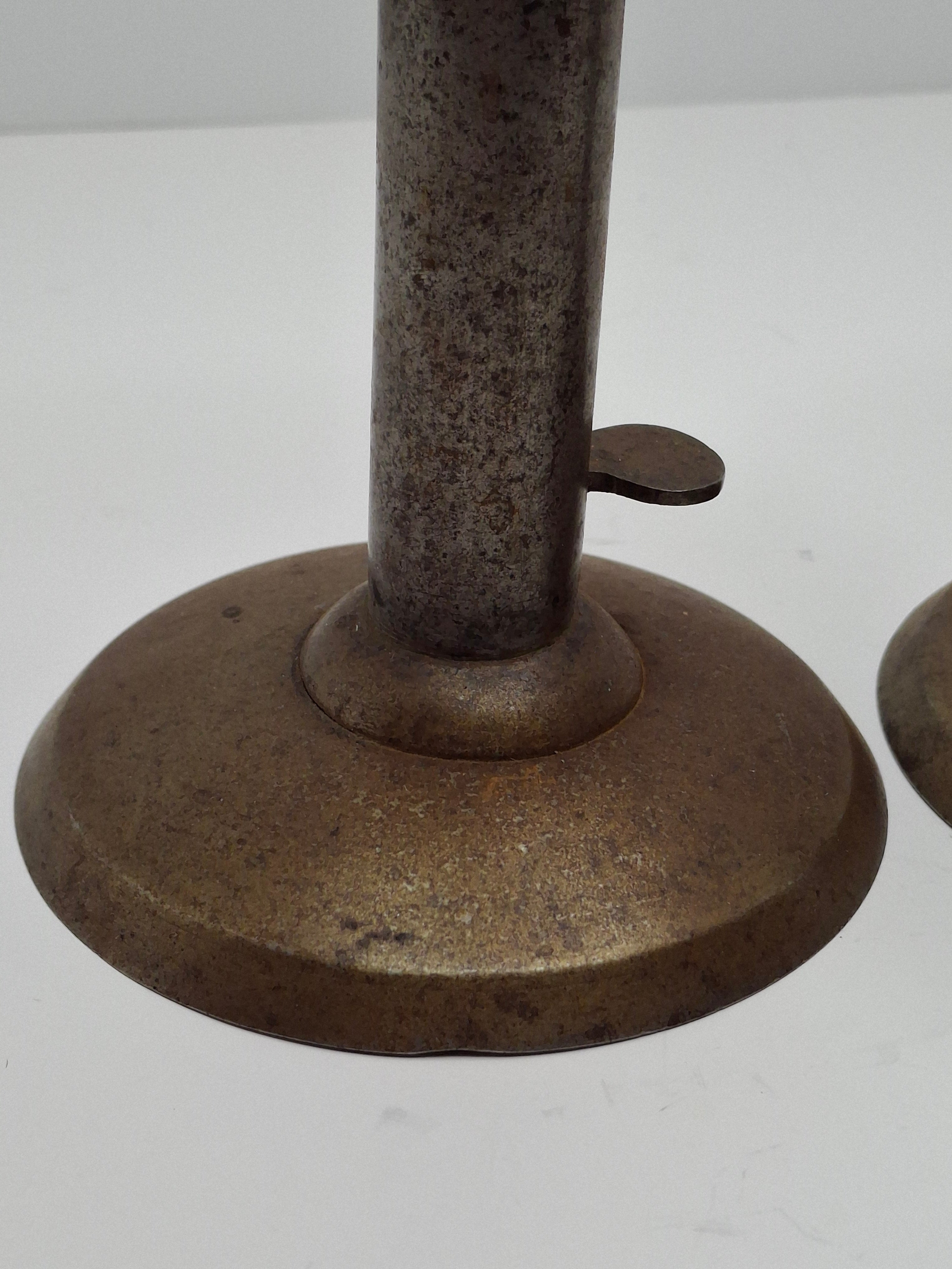 Pair Antique 19th C. Primitive Iron Hog Scraper Adjustable Push-Up Candle Holder