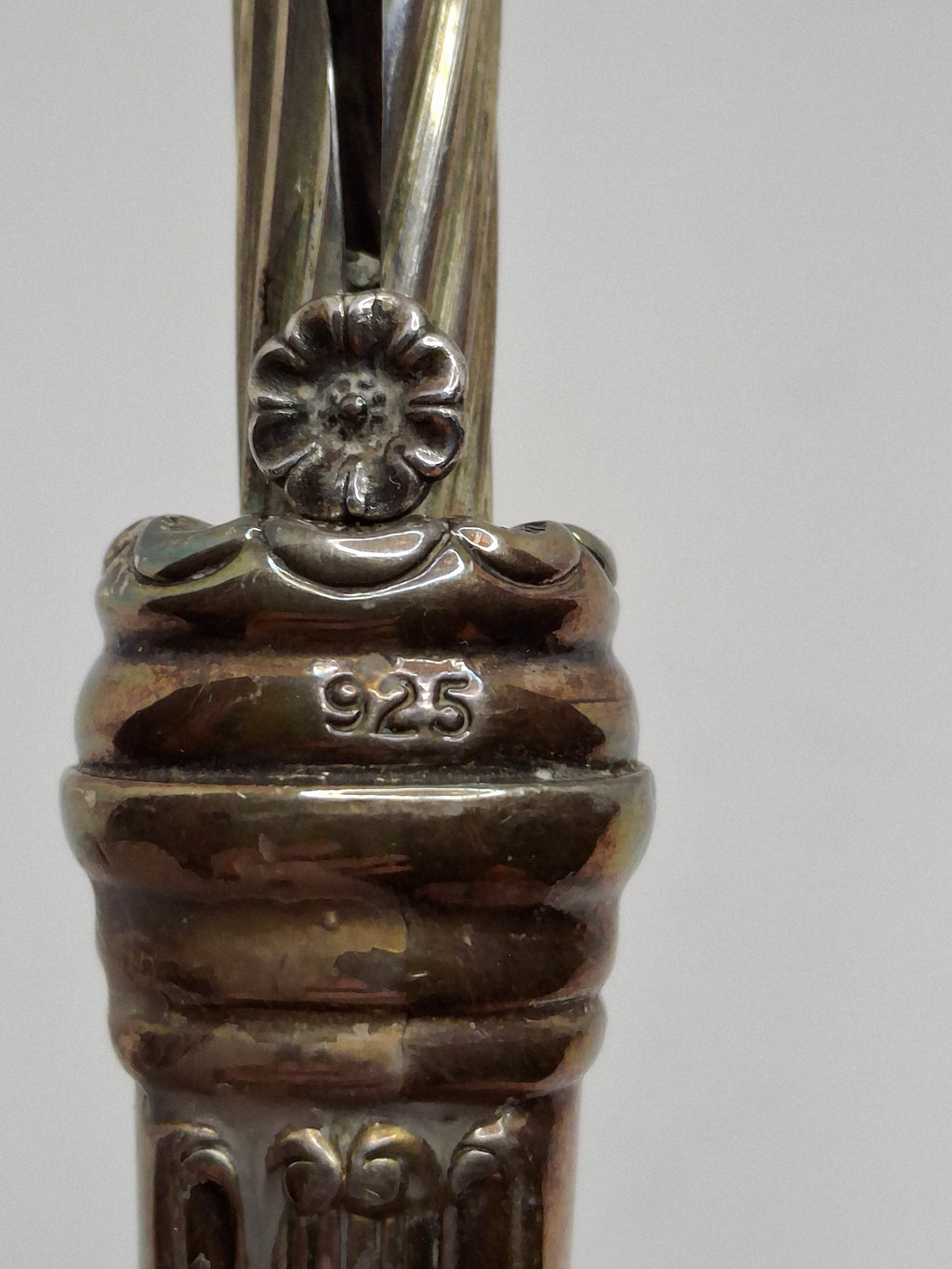 Vintage Mid-Century Sterling Silver 925 Shabbat Candle Lighter Tzinder Judaica Israel Floral Handle 12" Patina