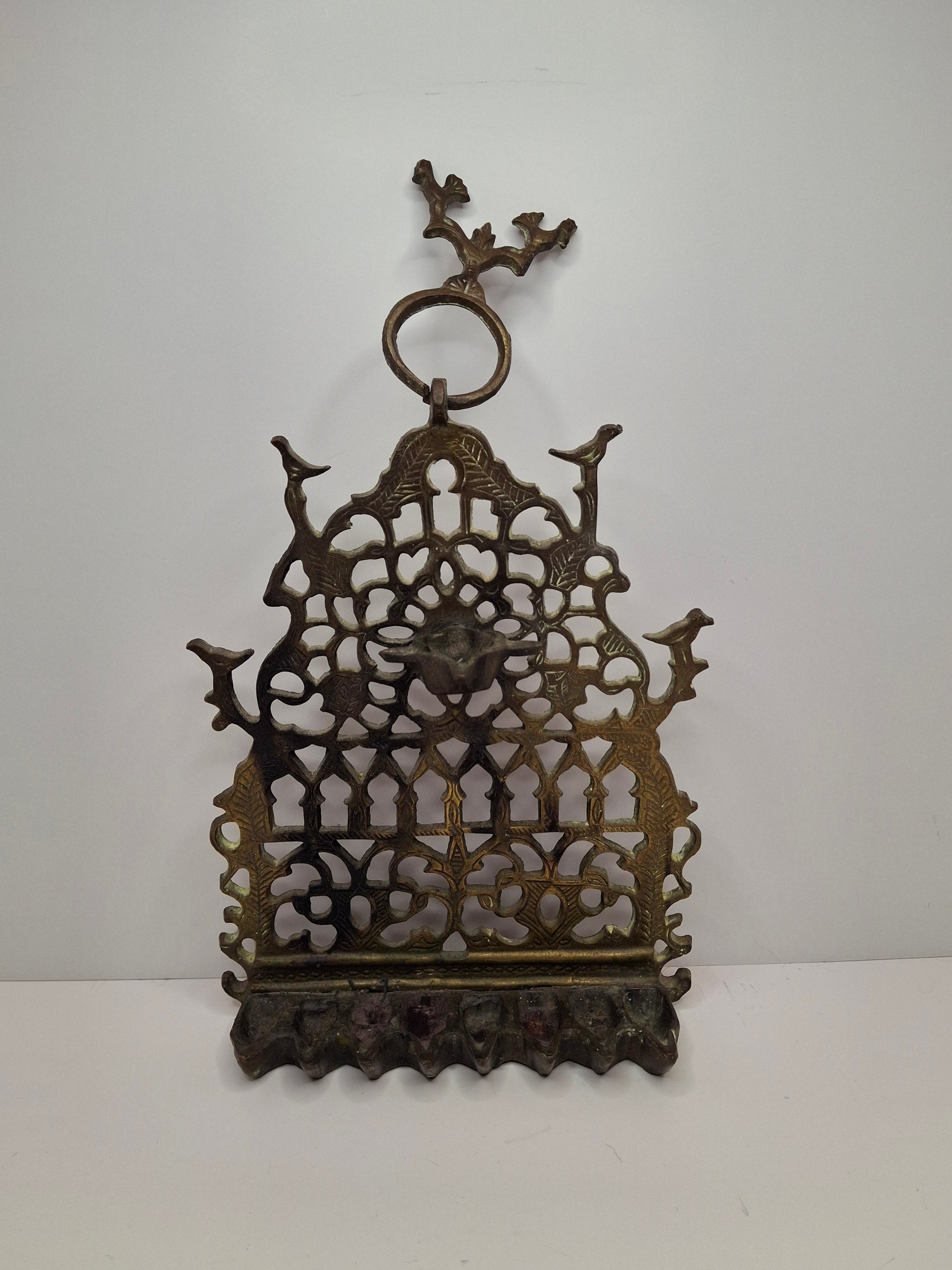 Vintage 1950s-60s Moroccan Brass Oil Chanukiah Heavy 13" 3lbs