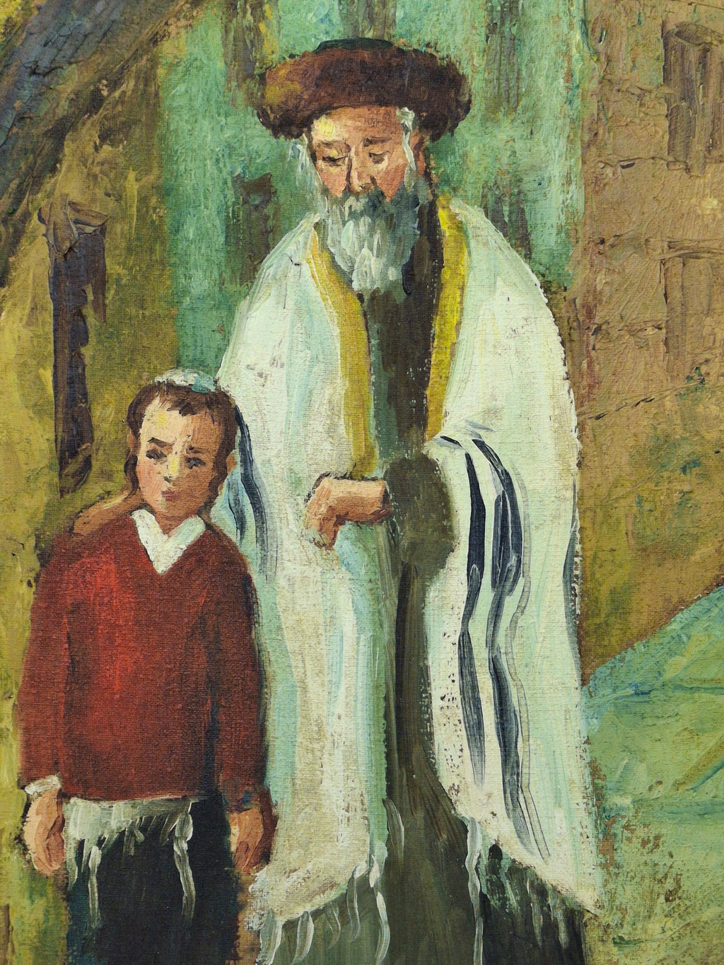 Vintage 1968 Israeli Oil Painting by B. Sade - Father and Son Walking in Old City of Jerusalem, Signed Judaica Art