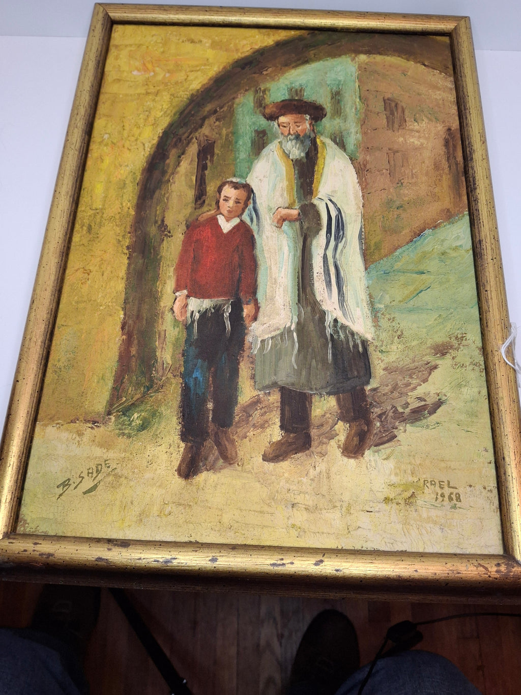 Vintage 1968 Israeli Oil Painting by B. Sade - Father and Son Walking in Old City of Jerusalem, Signed Judaica Art