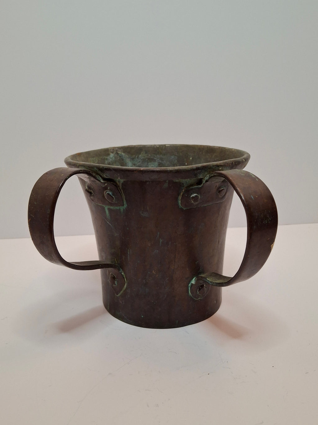 Antique Copper Netilat Yadayim Hand Washing Cup - Judaica Hand Wash Laver with Brass Handles, Dark Patina, 2.2 lbs, Circa 1880-1930