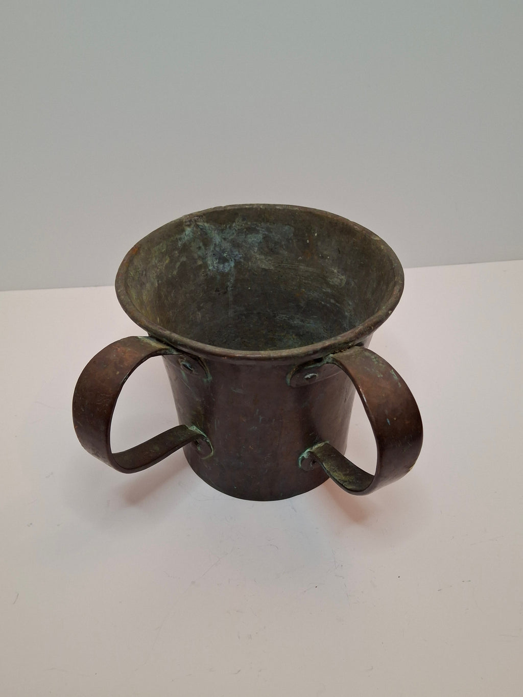 Antique Copper Netilat Yadayim Hand Washing Cup - Judaica Hand Wash Laver with Brass Handles, Dark Patina, 2.2 lbs, Circa 1880-1930