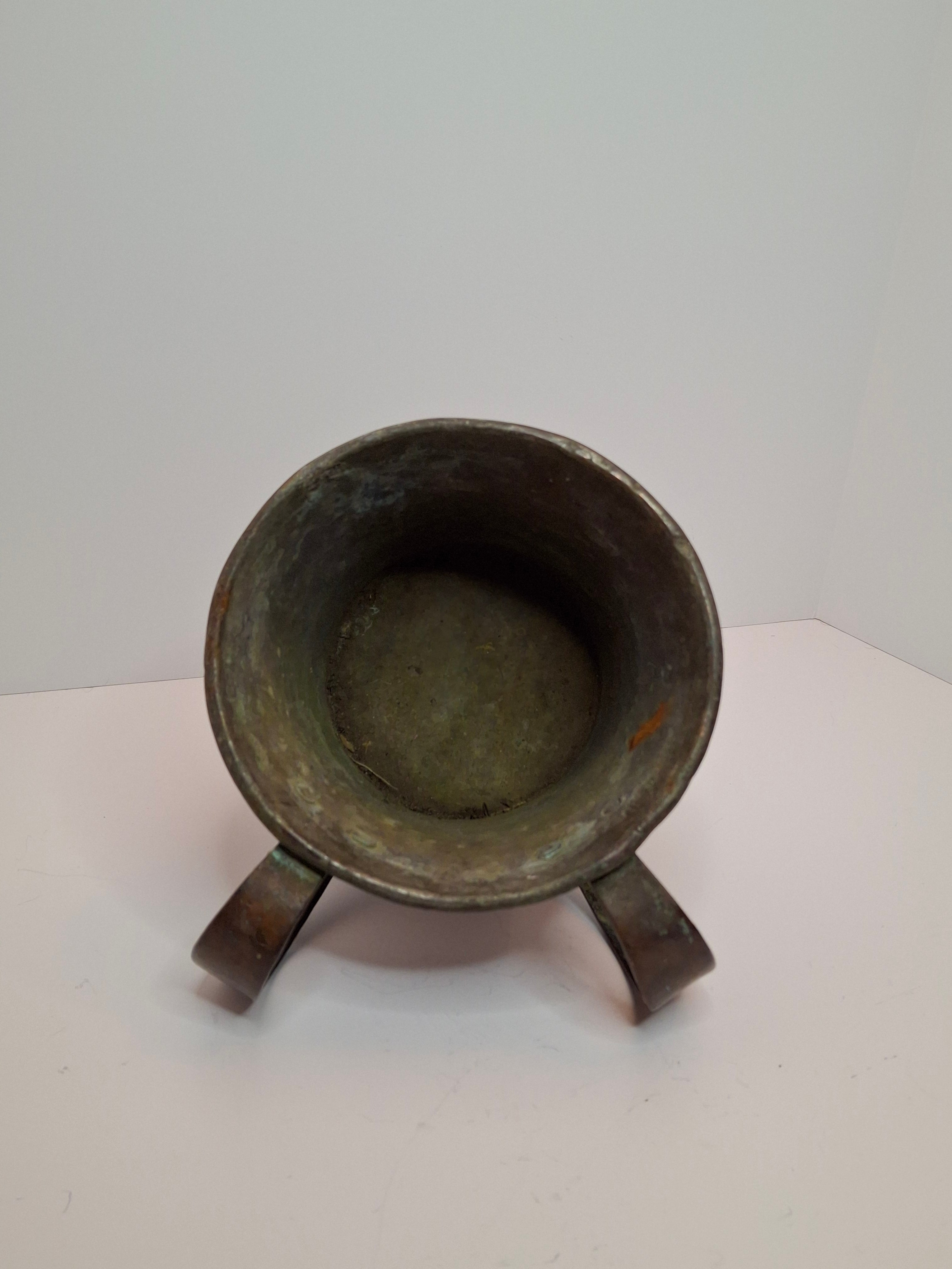 Antique Copper Netilat Yadayim Hand Washing Cup - Judaica Hand Wash Laver with Brass Handles, Dark Patina, 2.2 lbs, Circa 1880-1930