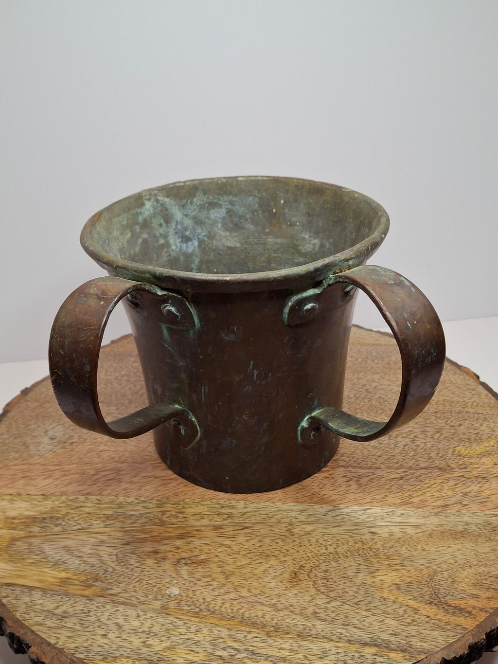 Antique Copper Netilat Yadayim Hand Washing Cup - Judaica Hand Wash Laver with Brass Handles, Dark Patina, 2.2 lbs, Circa 1880-1930