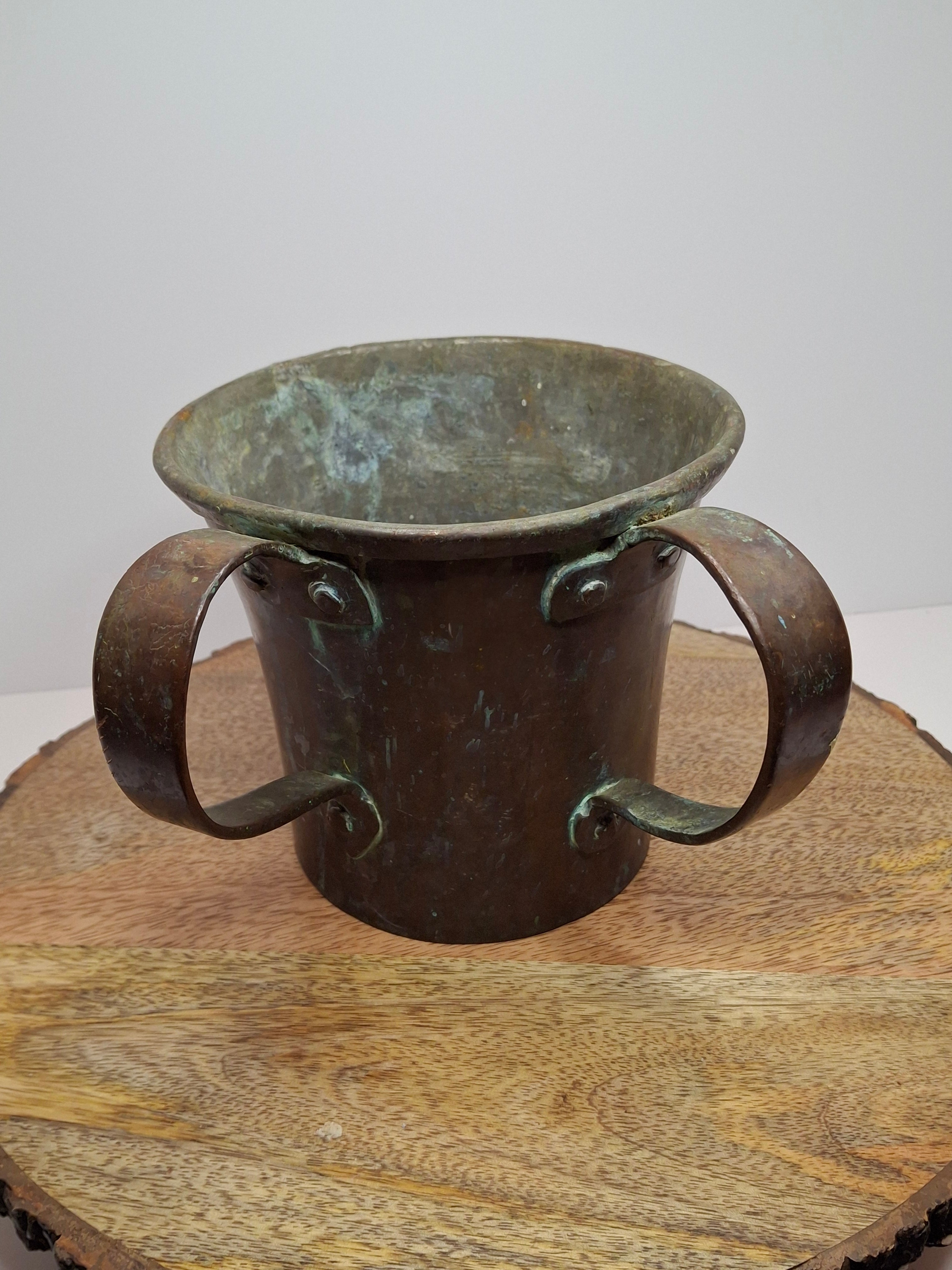 Antique Copper Netilat Yadayim Hand Washing Cup - Judaica Hand Wash Laver with Brass Handles, Dark Patina, 2.2 lbs, Circa 1880-1930
