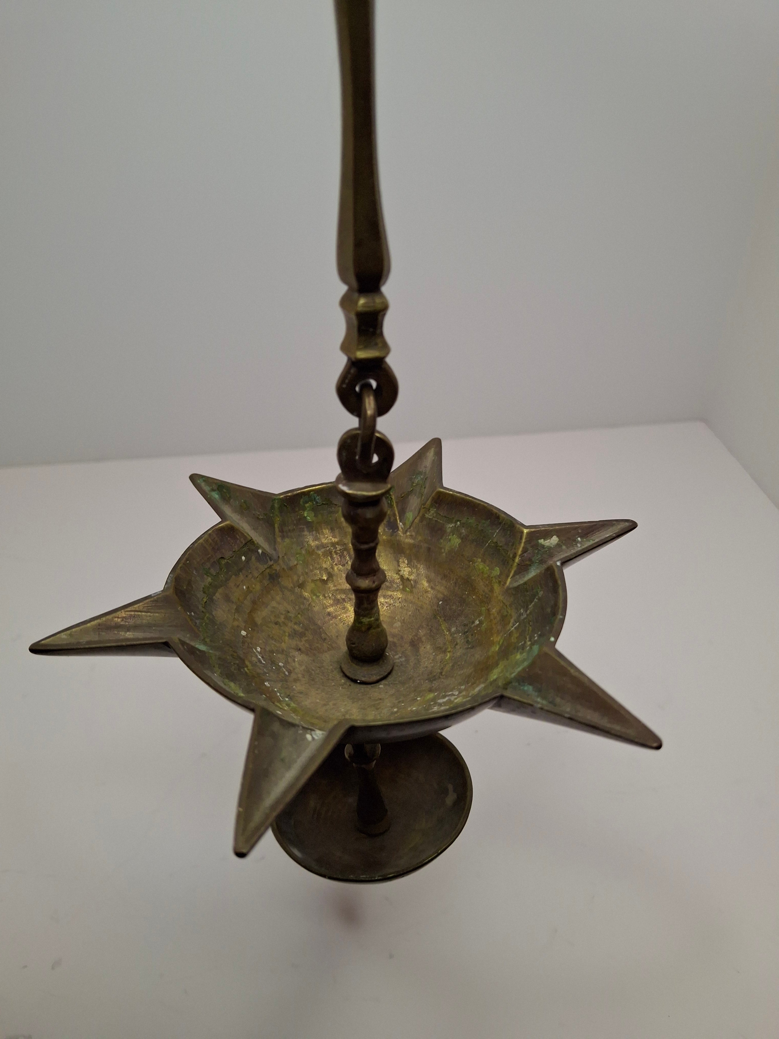 Antique 19th Century Miniature Brass Judaica Judenstern Sabbath Hanging Oil Lamp with Drip Pan
