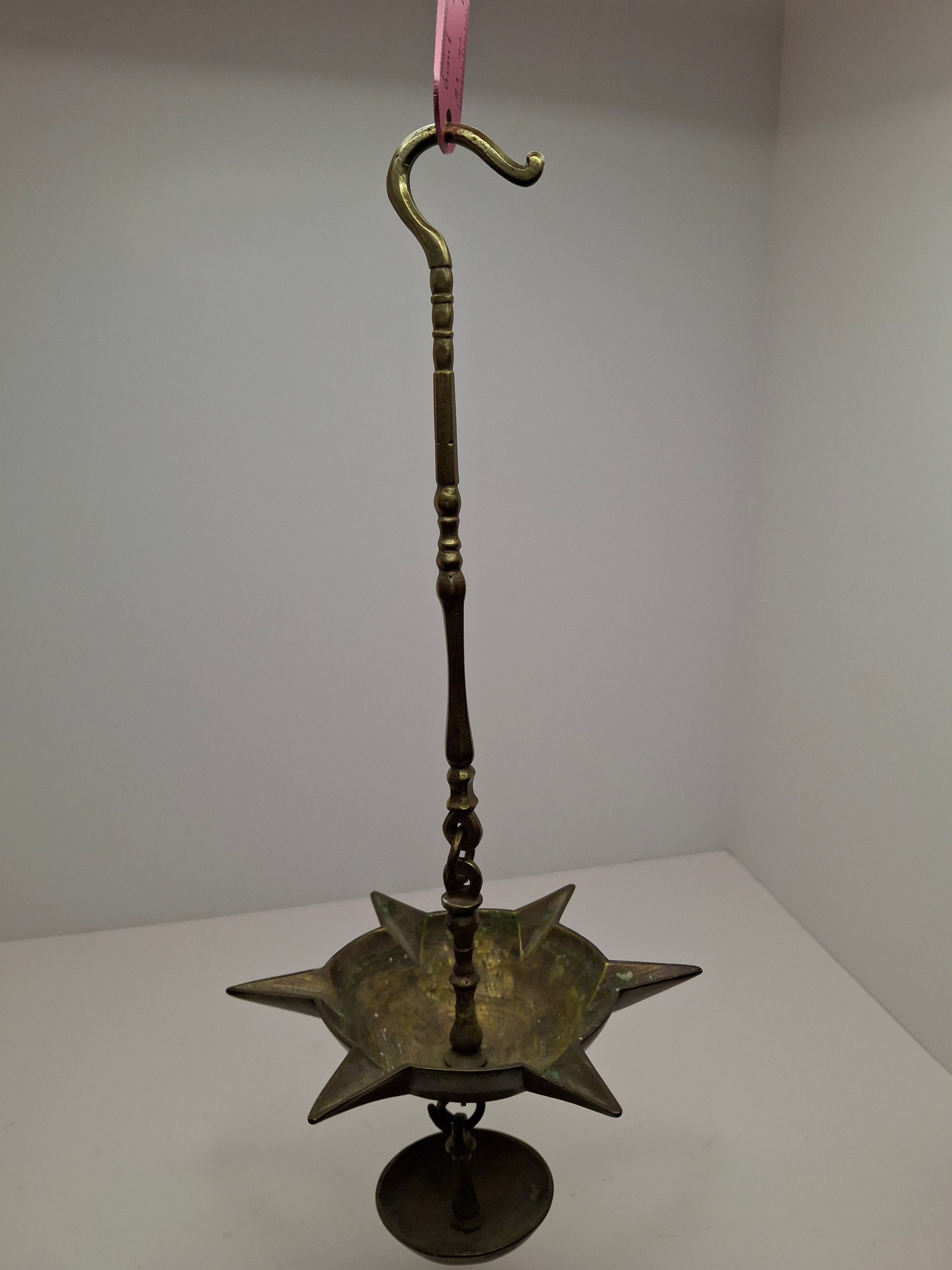 Antique 19th Century Miniature Brass Judaica Judenstern Sabbath Hanging Oil Lamp with Drip Pan