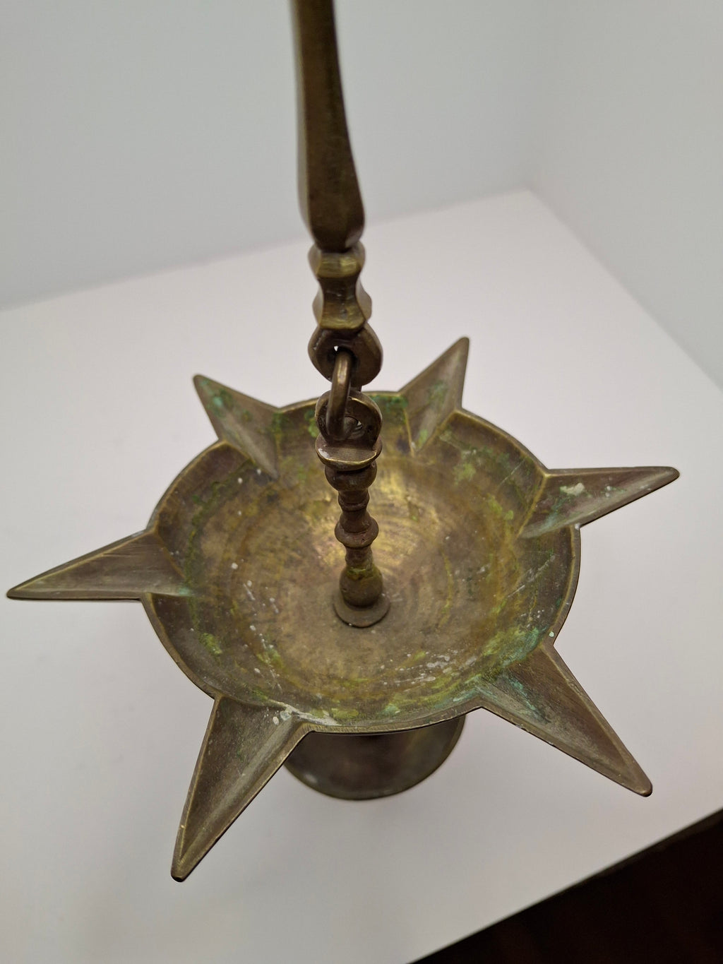 Antique 19th Century Miniature Brass Judaica Judenstern Sabbath Hanging Oil Lamp with Drip Pan
