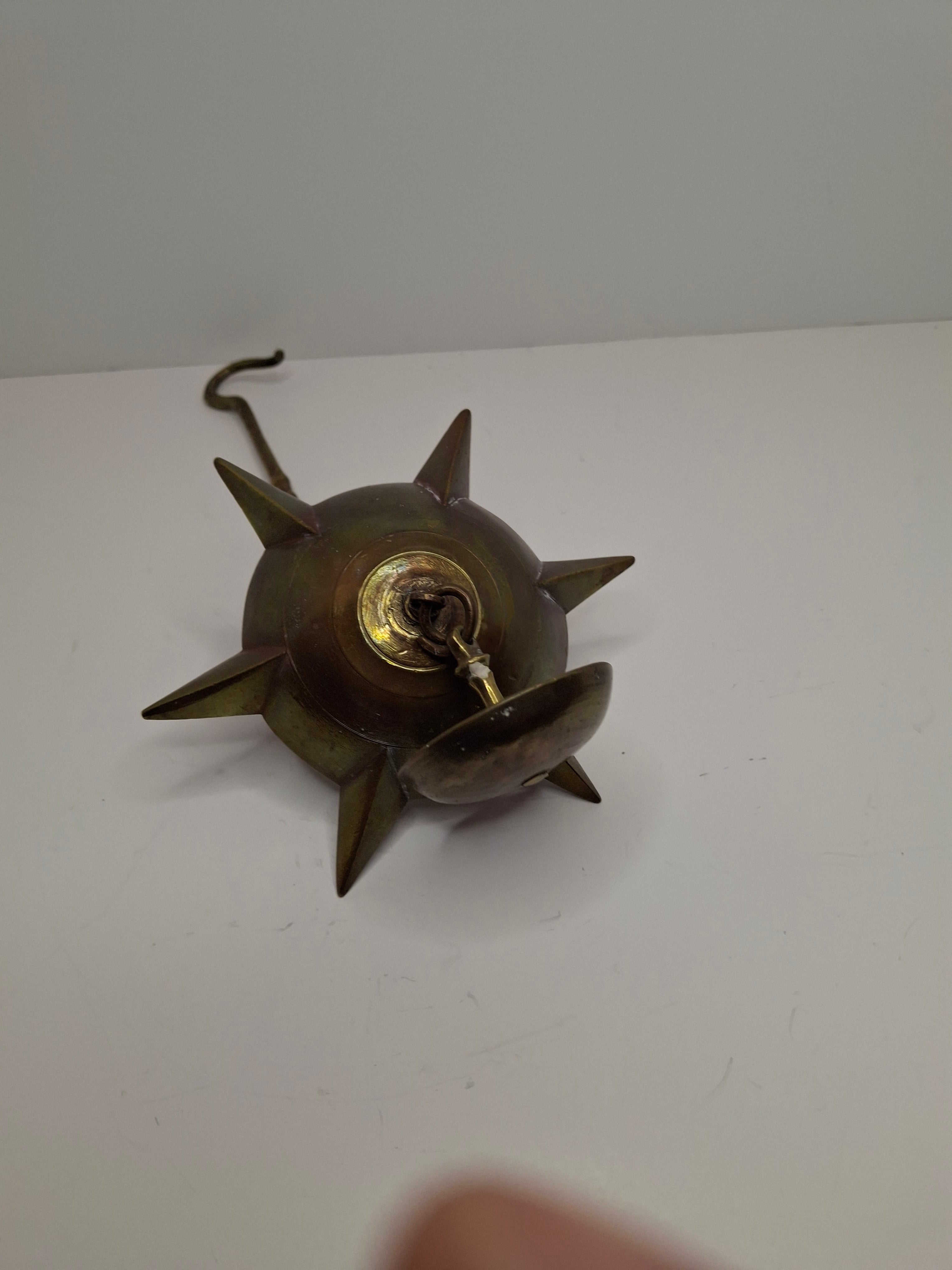 Antique 19th Century Miniature Brass Judaica Judenstern Sabbath Hanging Oil Lamp with Drip Pan